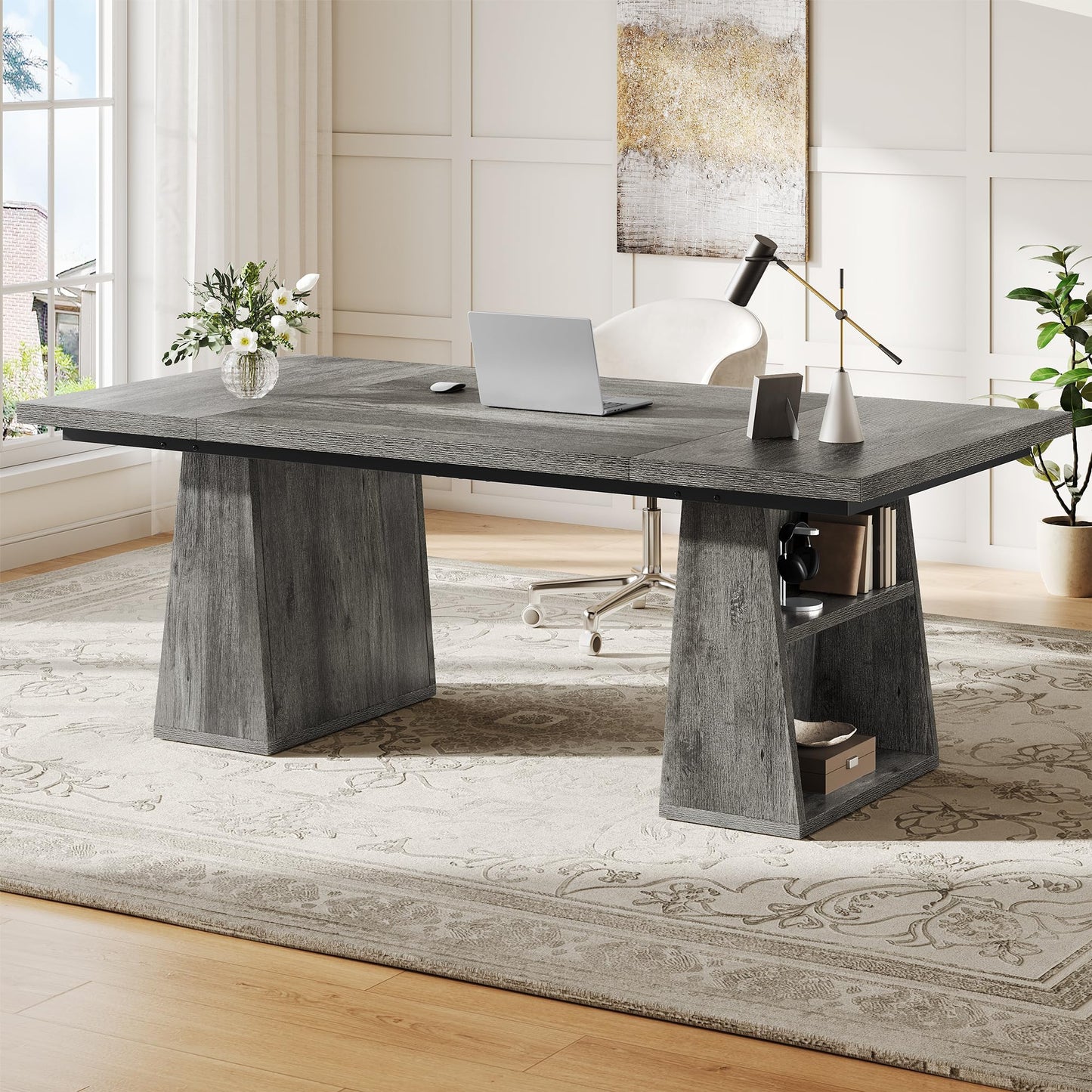 YITAHOME 63" Executive Desk, Large Office Desk Computer Desk with Double Pedestal and Storage Shelves, Wood Simple Workstations Writing Table Conference Table Business Furniture for Home Office, Grey