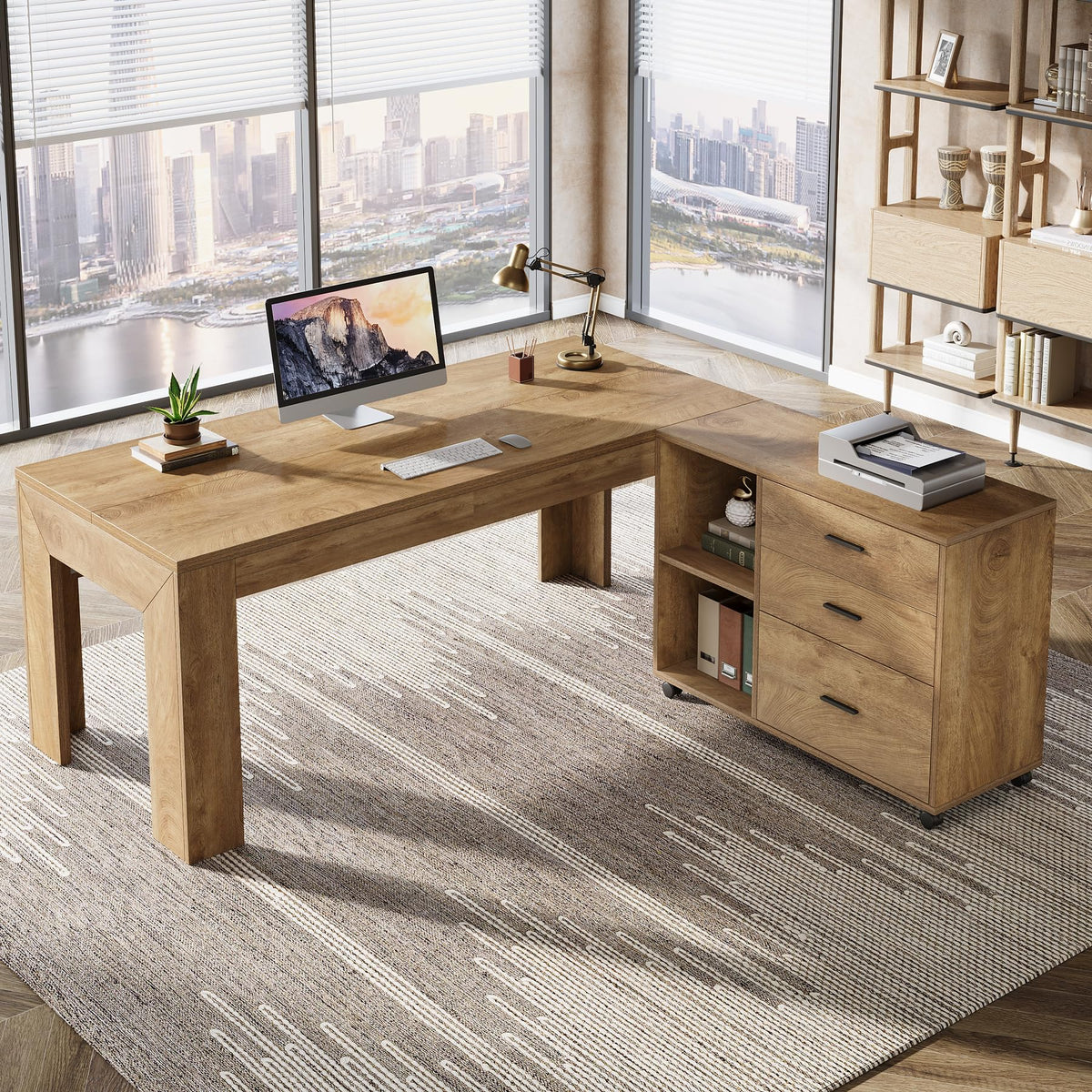 Tribesigns 63" L Shaped Desk with Storage, Executive Office Desk with Rolling File Cabinet Combo, Large Computer Table with Drawers and Shelves, Business Furniture Set for Home Office, Brown