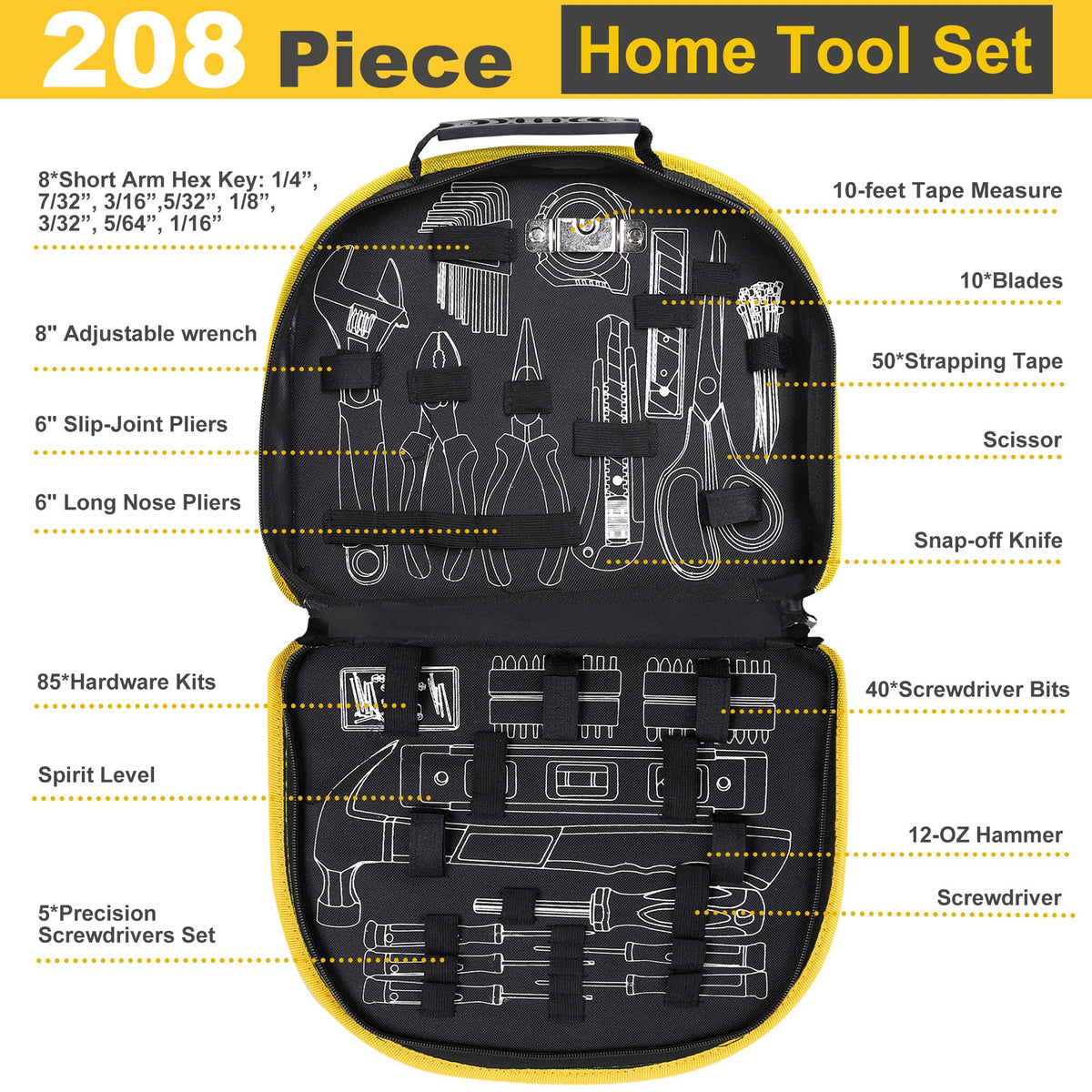 TOPLINE 208-Piece Basic Home Tool Kit with Easy Carrying Round Pouch, Household Hand Tools for Apartment, Home, Basic Tool Set, Perfect for DIY Projects, Home Maintenance