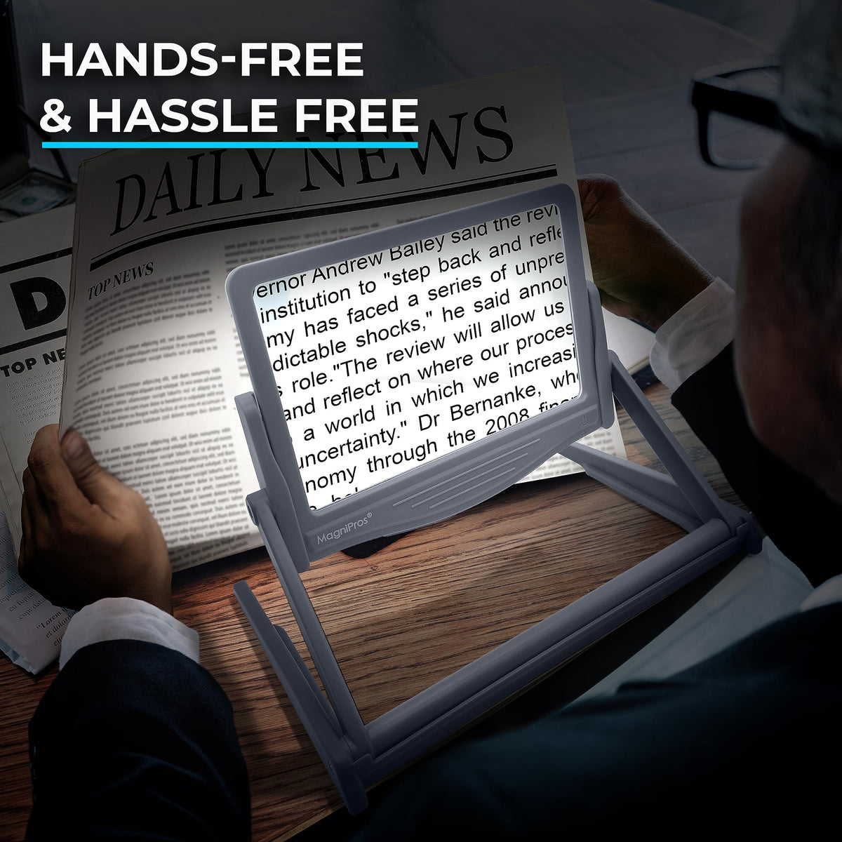 MAGNIPROS Patented 5X [Rechargeable] LED Page Magnifier with Foldable Stand | Eye Caring 3-Color Light Modes & Anti-Glare Lens for Reading Fine Print, Crafting, Low Vision & Seniors