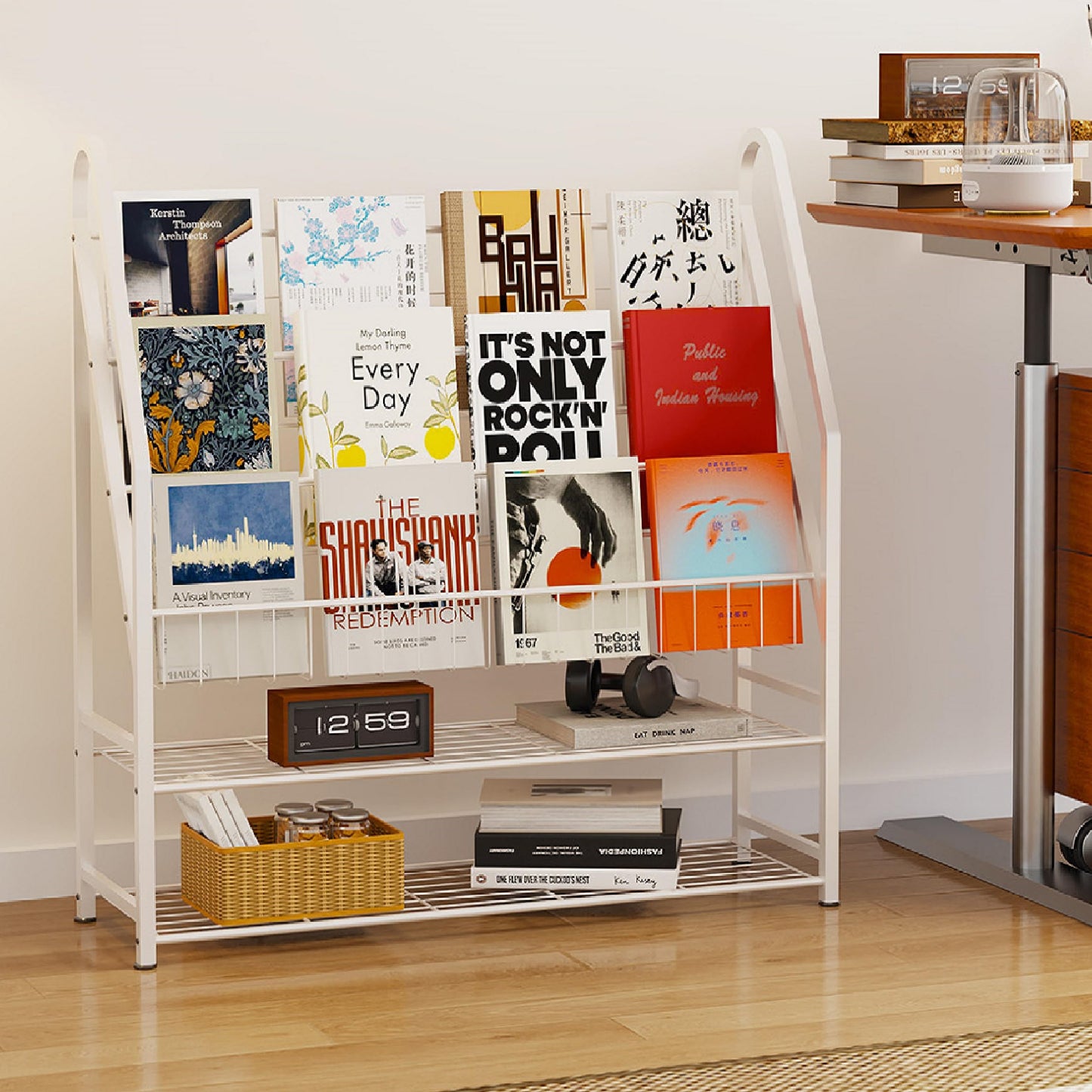 Arbuxzuy Magazine Rack Small Metal for Storage Freestanding 11.8" D x 32.3" W x 38.2" H, Sofa Height Short Book Shelf for Display and Storage, Ladder Bookcase for Home Office, White