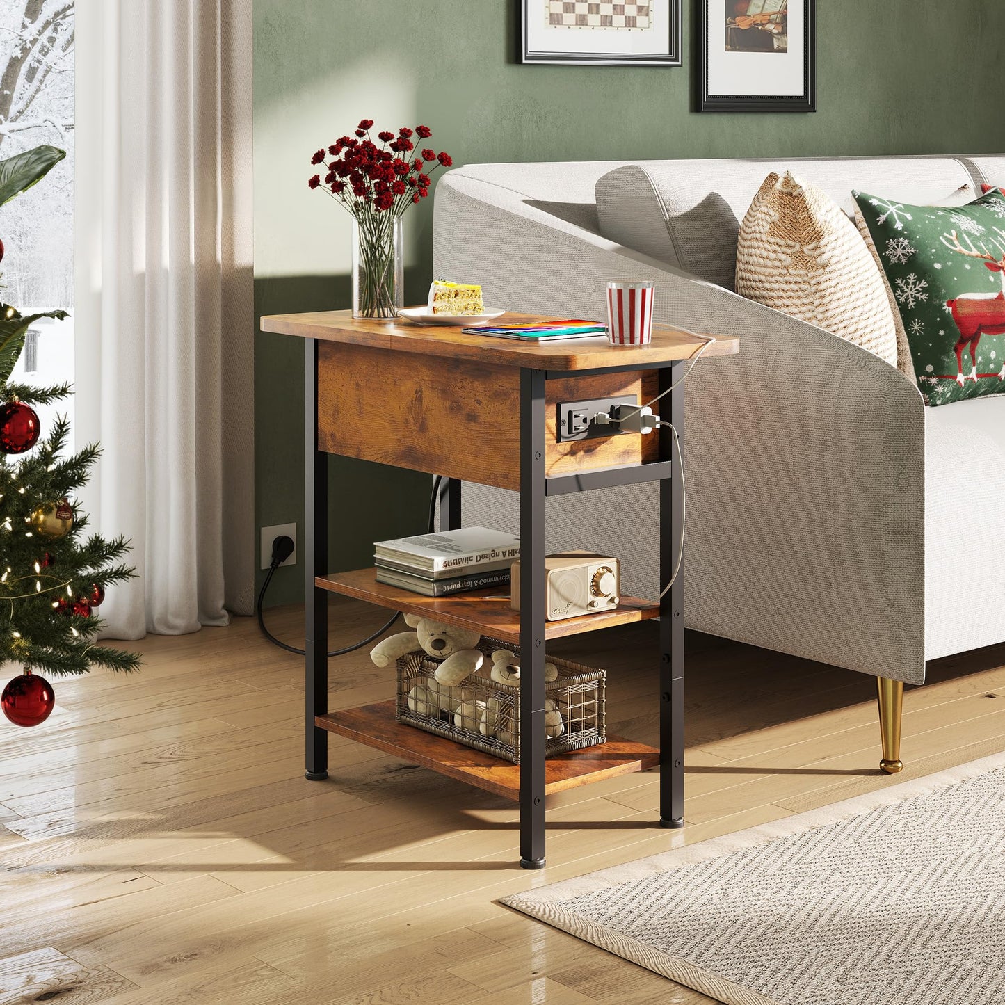 WLIVE End Table with Charging Station, Flip Top Narrow Side Table with Storage Shelf, Small Nightstand with USB Ports and Outlets,Bedside Table for Living Room, Bedroom,11.81" D x 23.62" W x 24.33" H
