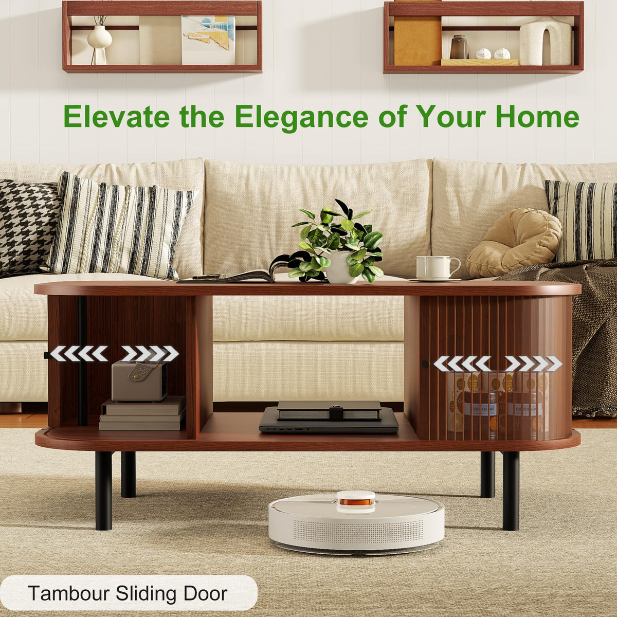 Coffee Table, 39.4" Mid Century Modern Coffee Tables for Living Room, Coffee Table with Storage Open Shelf, Fluted Table with Sliding Cabinet Door, Suitable for Living Room, Home Office, Walnut