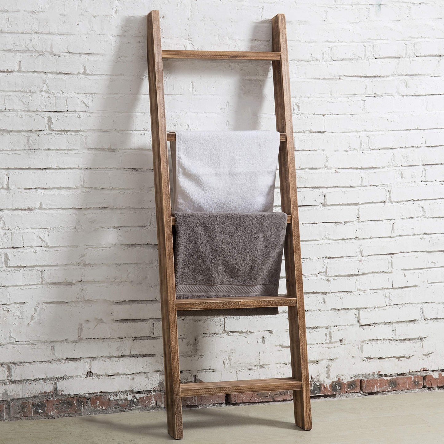 MyGift 4ft Tall Rustic Burnt Natural Wood Wall Leaning Blanket Ladder Shelf with 5 Rungs, Decorative Living Room Throw and Quilt Holder, Farmhouse Bedroom Decor