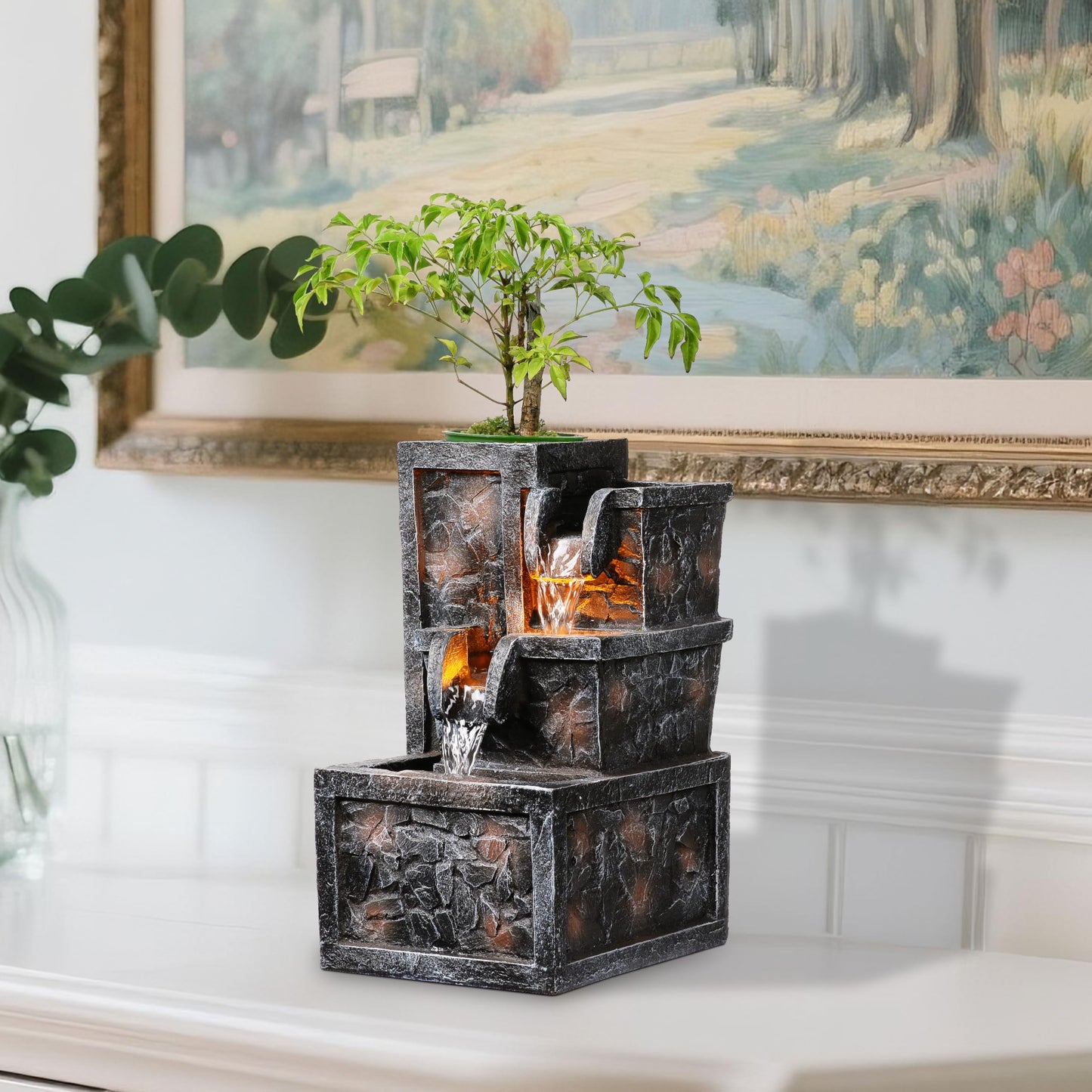 Tolevoit Tabletop Water Fountain Rustic Room Decor Zen Waterfall Fountains Office Desk Accessories Bedroom, Living Room Indoor Decoration with Led Light