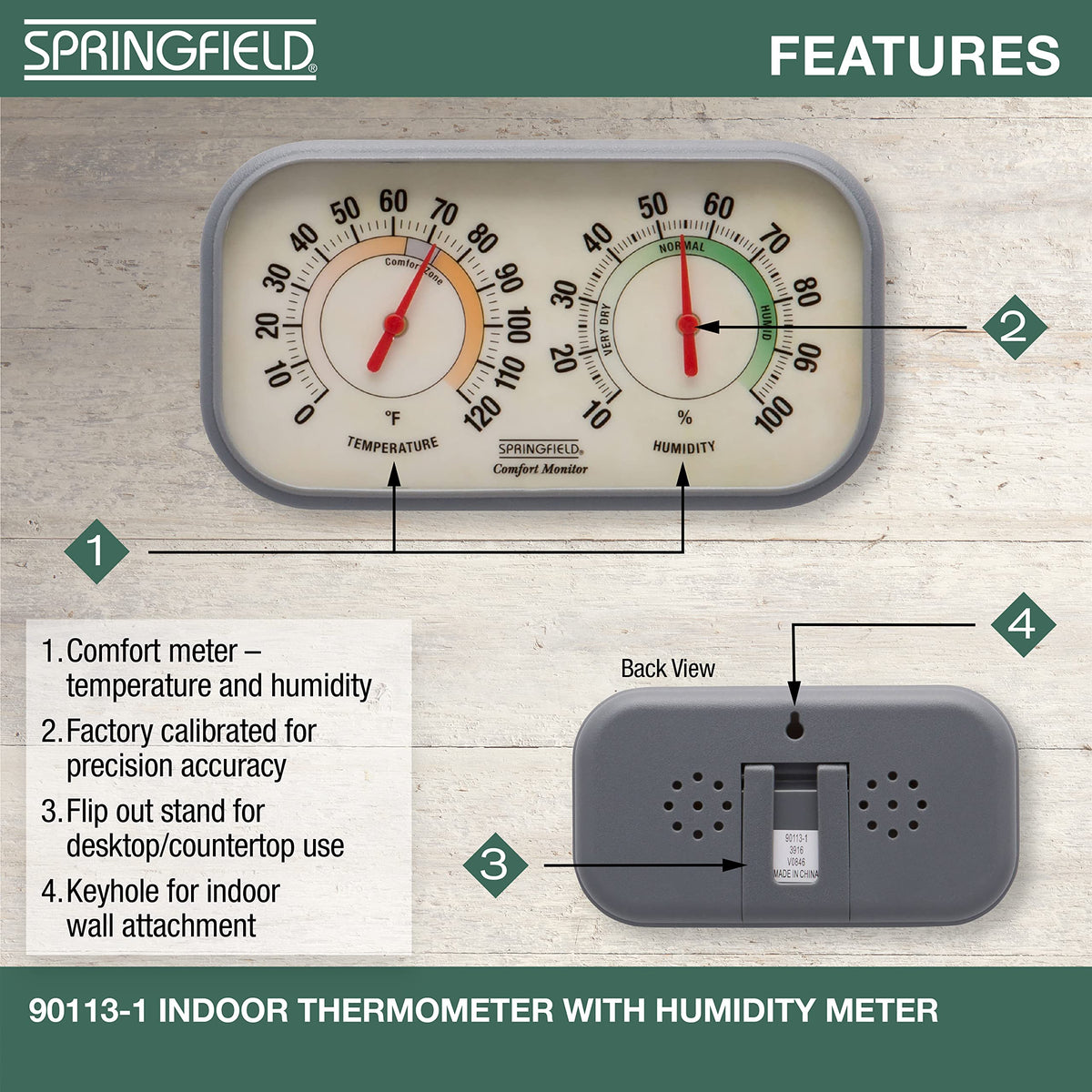 Springfield Color Track Humidity Meter and Indoor Thermometer, Analog Weather Station for the Bedroom, Nursery, Storage, and Inside the Home