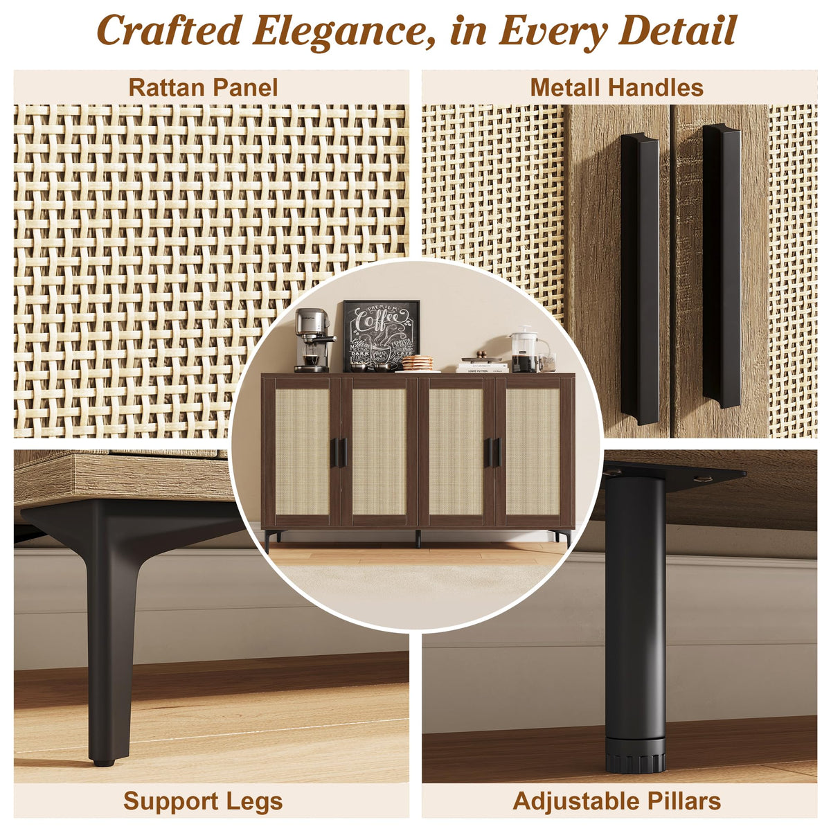 JASIWAY Buffet Cabinet with Storage, 48" Rattan Sideboard with Adjustable Shelves, Modern Coffee Bar Cabinet Console Table with Doors, Credenza for Kitchen, Living Room, Entryway, Dining Room, Walnut