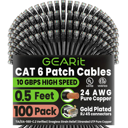 GEARit Cat 6 Ethernet Cable Pack - 100-Pack 0.5 ft Cat6 Ethernet Patch Cables | RJ45 Network Patch Cable, 10 Gbps Snagless Gold-Plated Connectors - Ethernet Cable Cat 6 for PC, TV, Router - Black