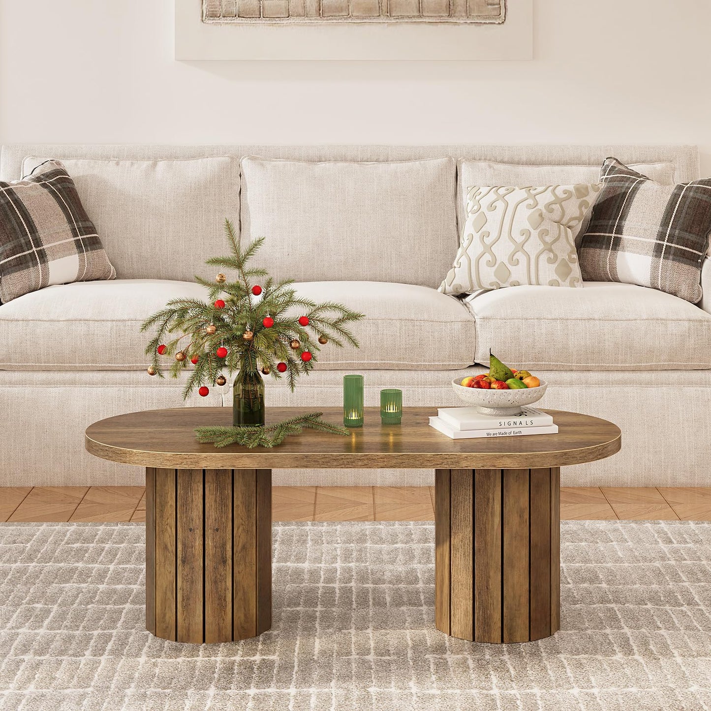 Tohomeor Oval Coffee Table, 43.3" Farmhouse Wooden Coffee Table with Fluted Legs, Mid-Century Modern Accent Center Table with for Living Room or Home Office, Retro Brown