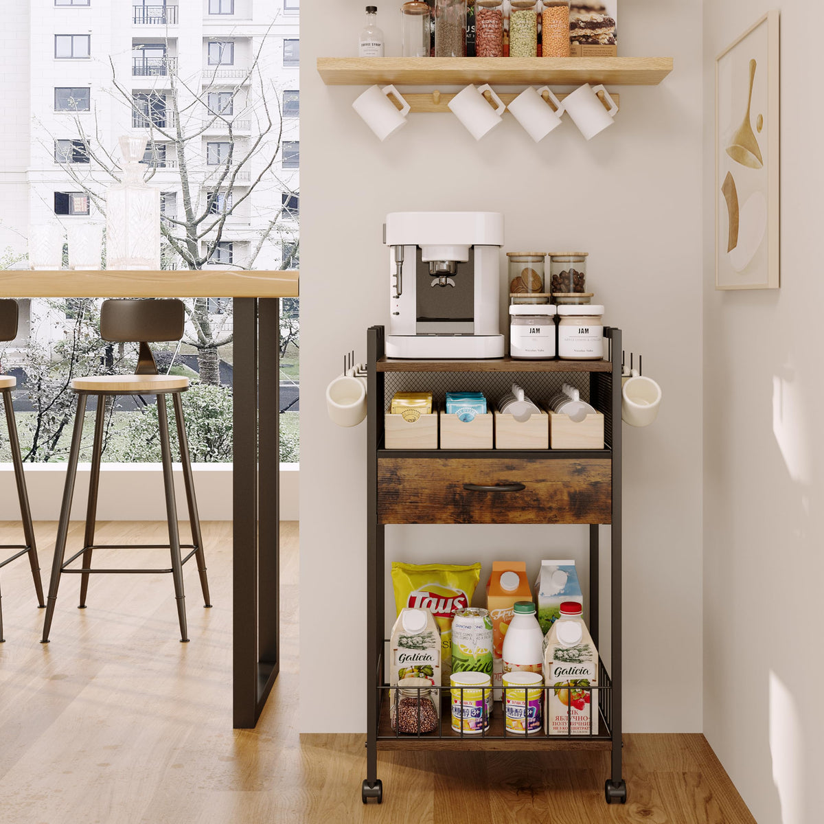 Dsmadn Small Coffee Bar Cart with Drawer Srorage, Office Coffee Bar Station Organizer Mug Cup Holder Stand, K Cup Holder Rack for Home Buffets & Sideboards for Kichen, Entryway, Living Room (Black)