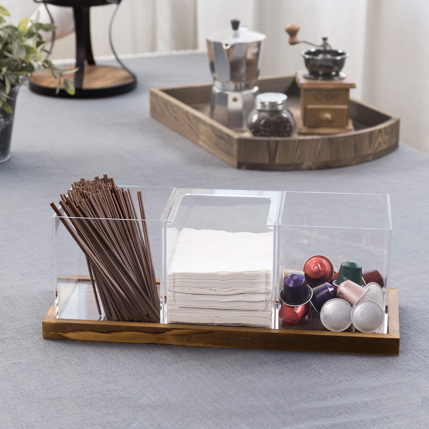 MyGift Modern Modular Coffee and Tea Station Organizer with 3 Removable Premium Clear Acrylic Compartments and Rustic Burnt Solid Wood Decorative Tray, 4 Piece Set