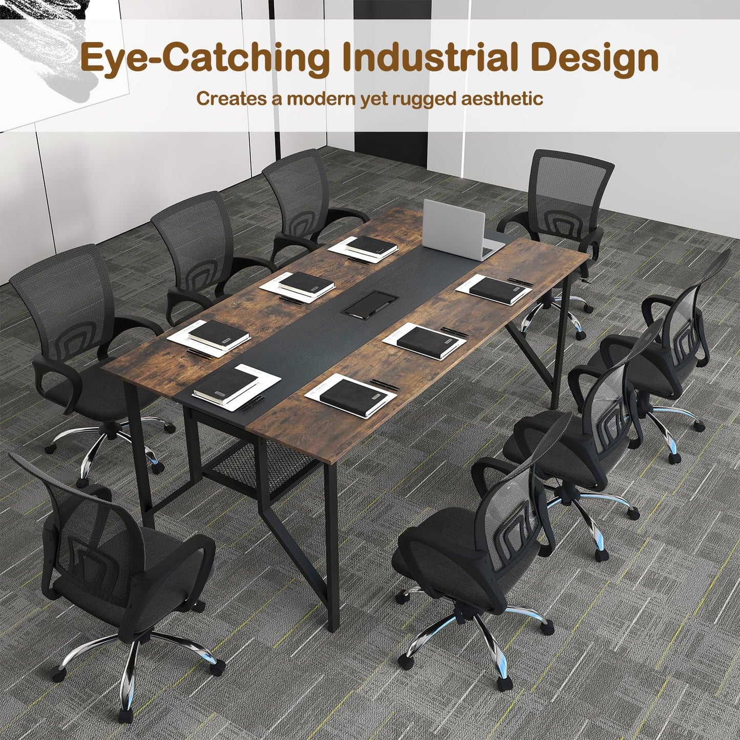 Giantex 6 FT Conference Table for 6-8 People, Modern 71" L x 38" W Large Meeting Table with Storage Shelf & Cable Grommet, Rectangle Conference Room Table for Office, Boardroom, Rustic Brown (1)