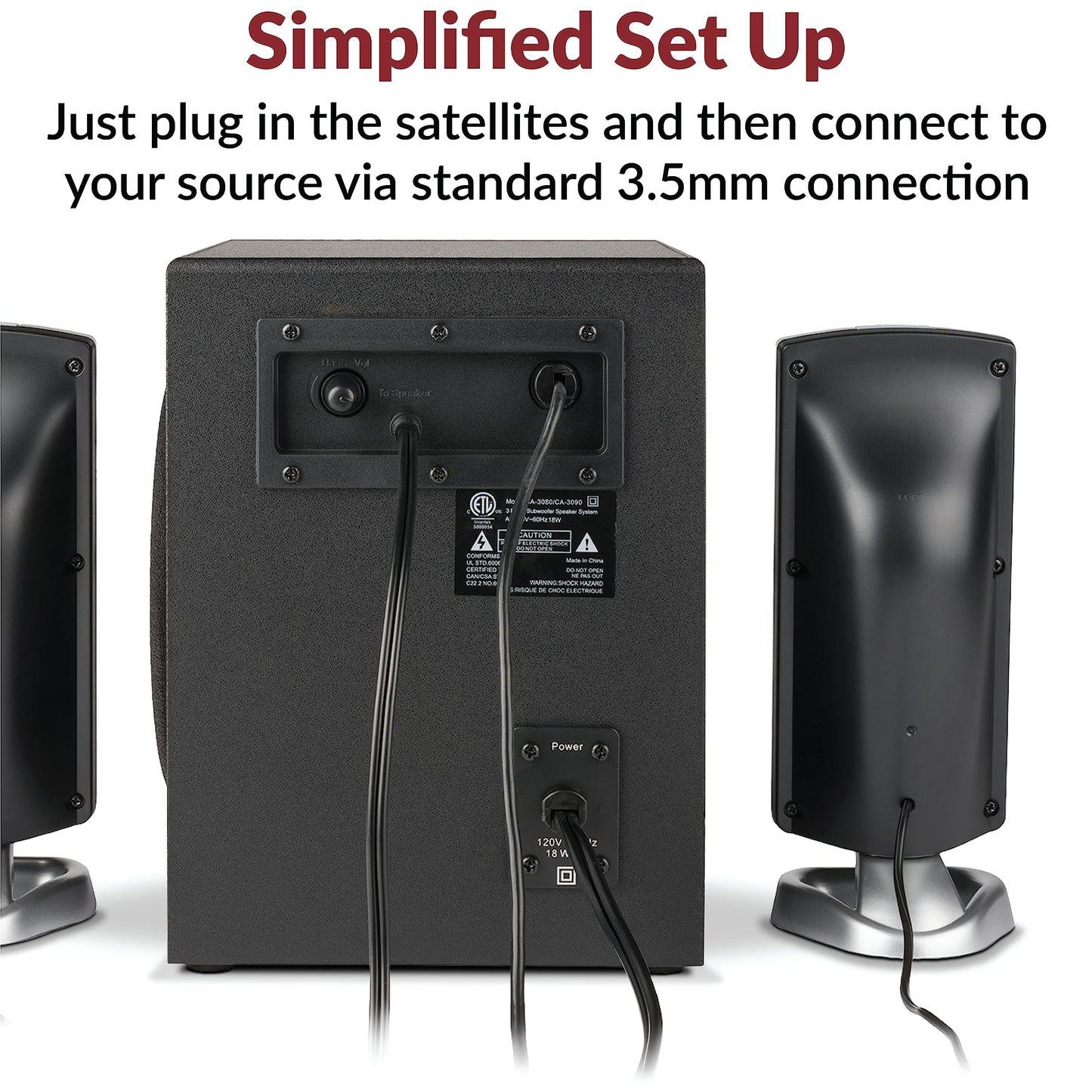 Cyber Acoustics CA-3090 2.1 Speaker System with Subwoofer with 18W of Power – Easy Setup and Convenient Controls, Great for Music, Movies, and Gaming