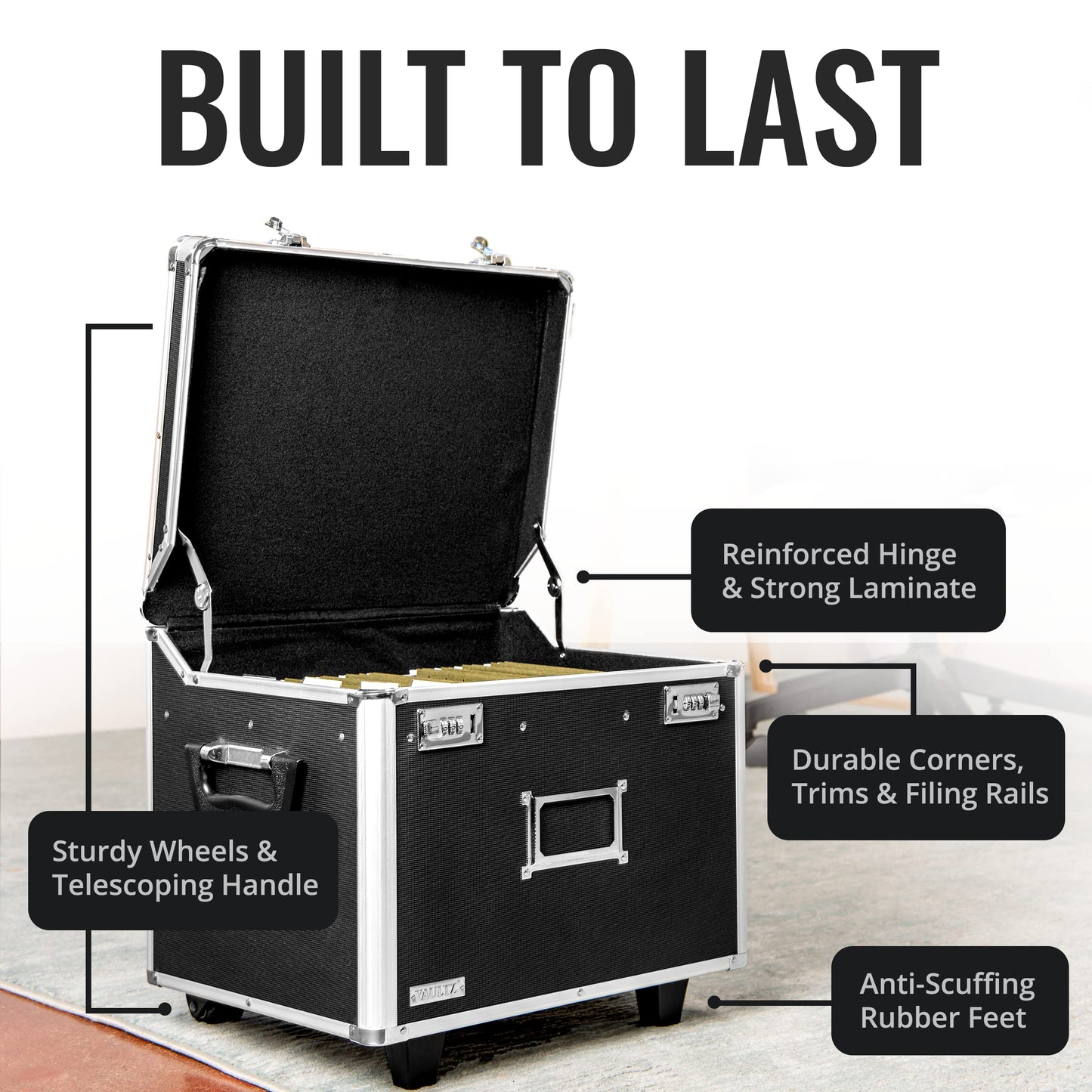 Vaultz Portable File Storage Box with Handle - 14.5" x 17.5" x 15.5" Letter/Legal Size Mobile Lock Box - Double Combination Locking Cabinet - Black