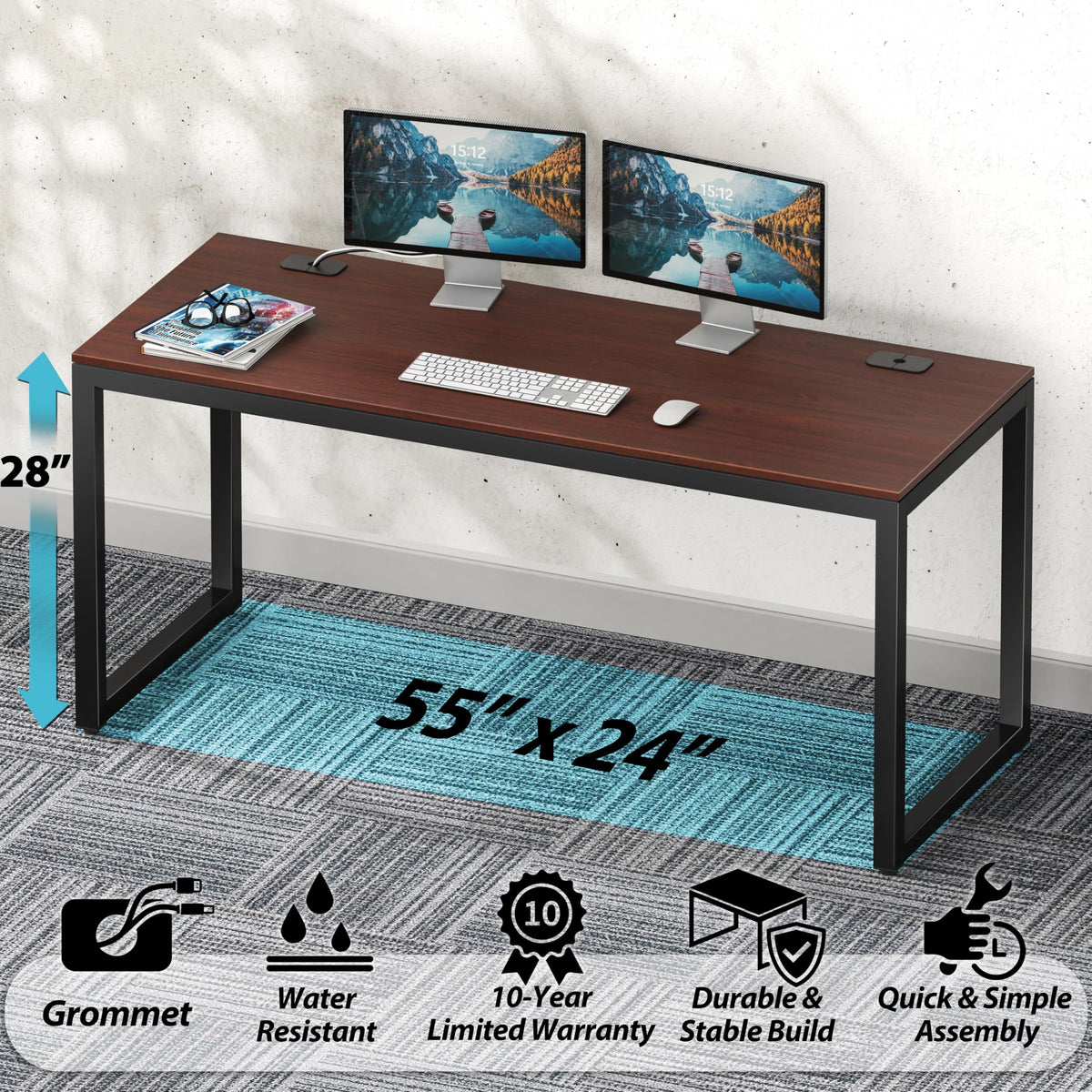 SHW 55-Inch Commercial-Grade Office Computer Desk, Cherry