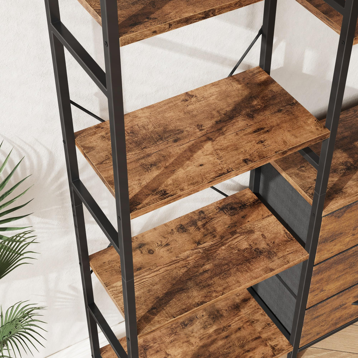 AFLUI Triple Bookshelf with 3 Fabric Drawers, 4-Tier Book Shelf and 10 Display Shelves, Industrial Large Bookcase for Home & Office, Rustic Brown, 47'' Wide
