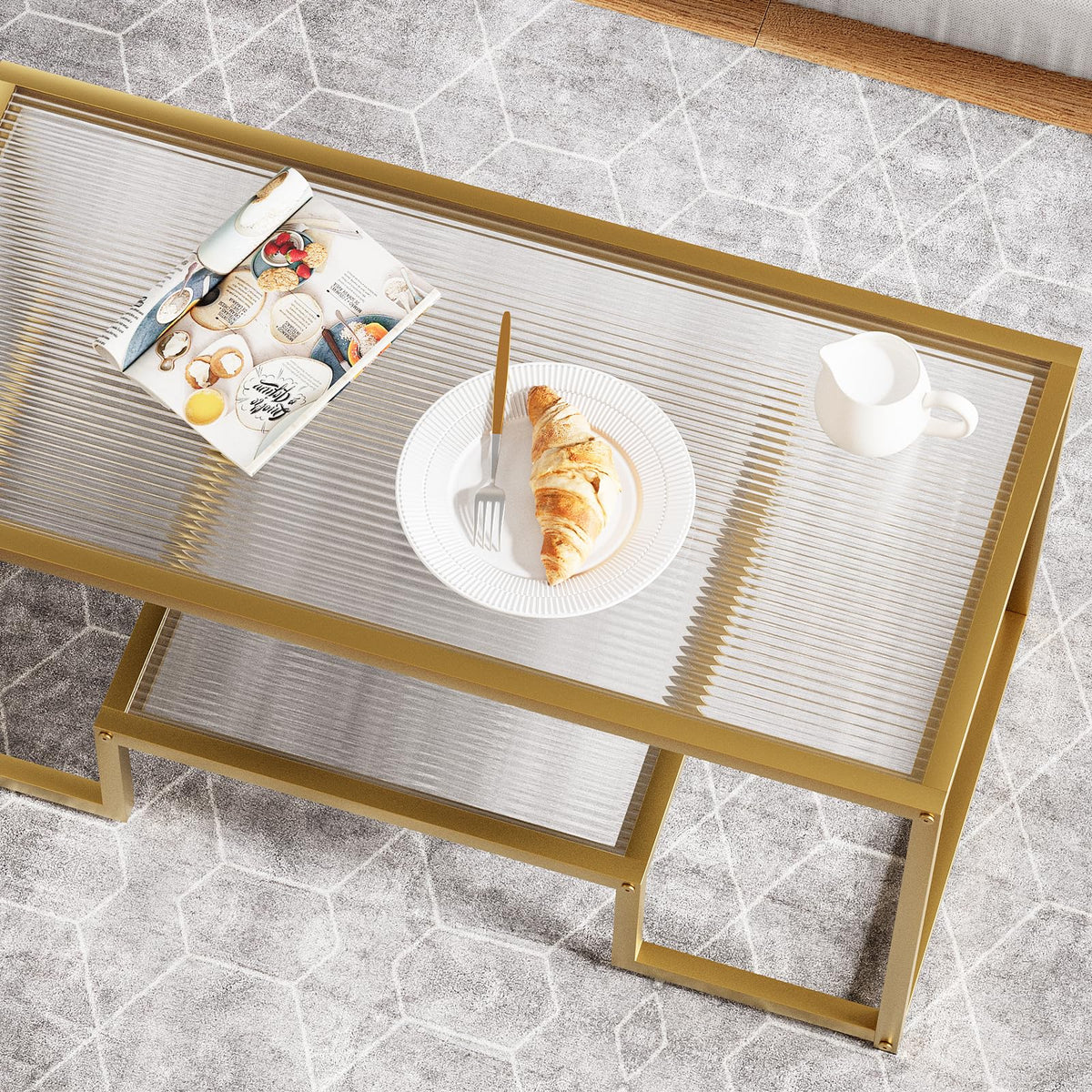 Wolawu Coffee Table Gold Glass Coffee Table for Living Room,2 Tiers Rectangle Center Table with Ribbed Glass Top and Sturdy Metal Frame,Modern Glass Accent Table for Bedroom Home Office