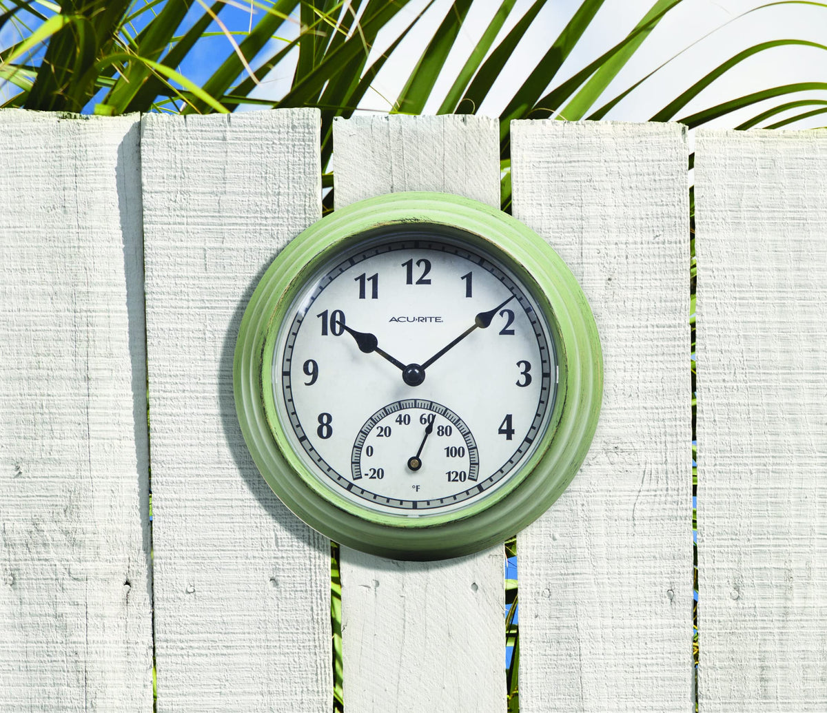 AcuRite 02470 Rustic Green Outdoor Clock with Thermometer, 8.5"