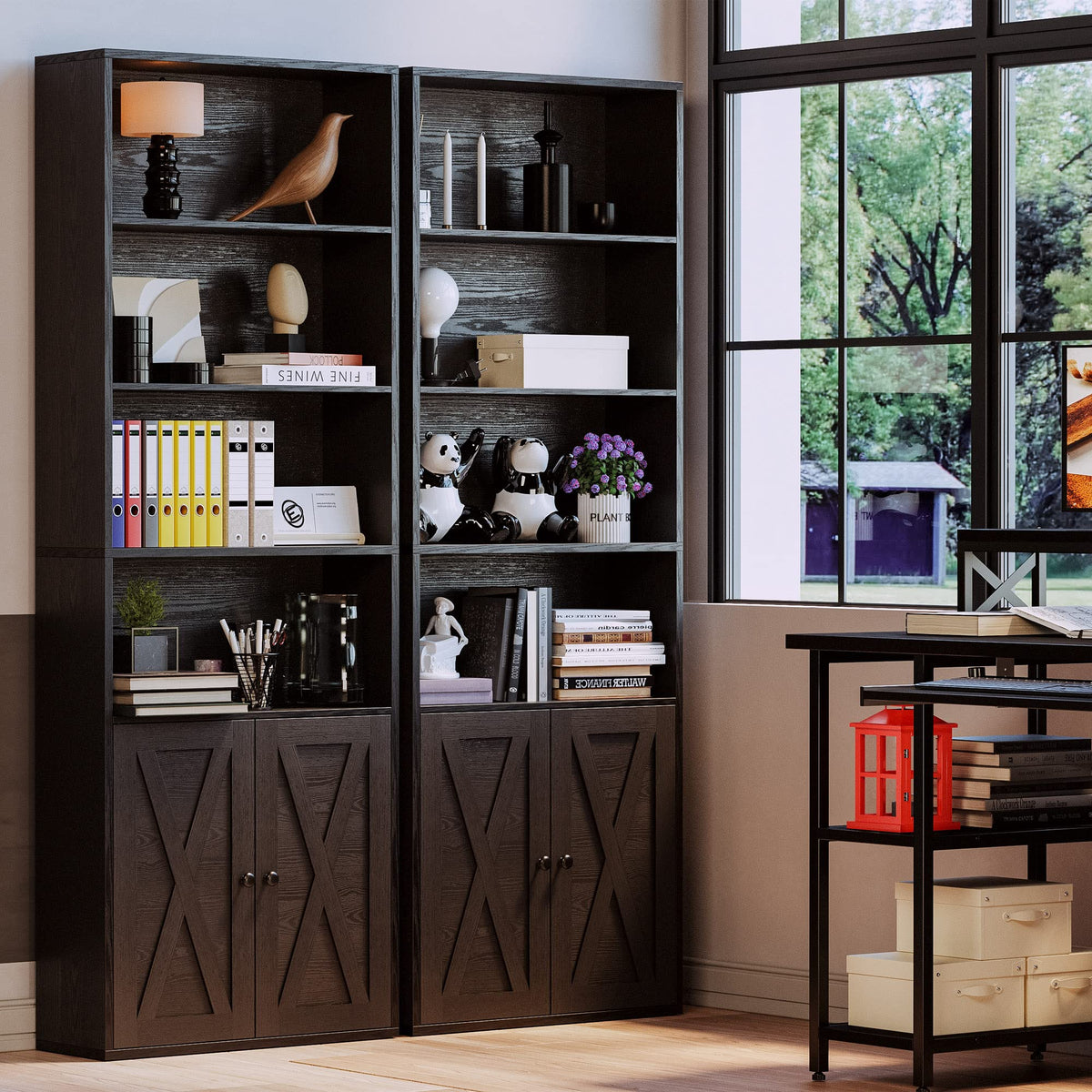 IRONCK Industrial Bookshelves and Bookcases with Doors Floor Standing 6 Shelf Display Storage Shelves 70 in Tall Bookcase for Home Office, Living Room