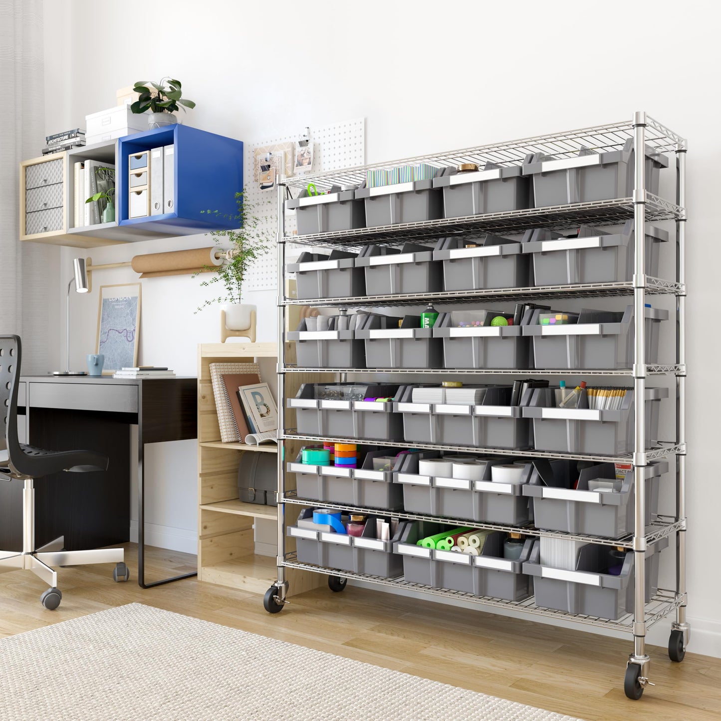 Seville Classics Heavy Duty NSF Bin Rack Solid Steel Wire Shelving Storage Unit, Patented Organizer for Garage, Warehouse, Office, Restaurant, Classroom, Kitchen, Gray, Includes 21 Bins