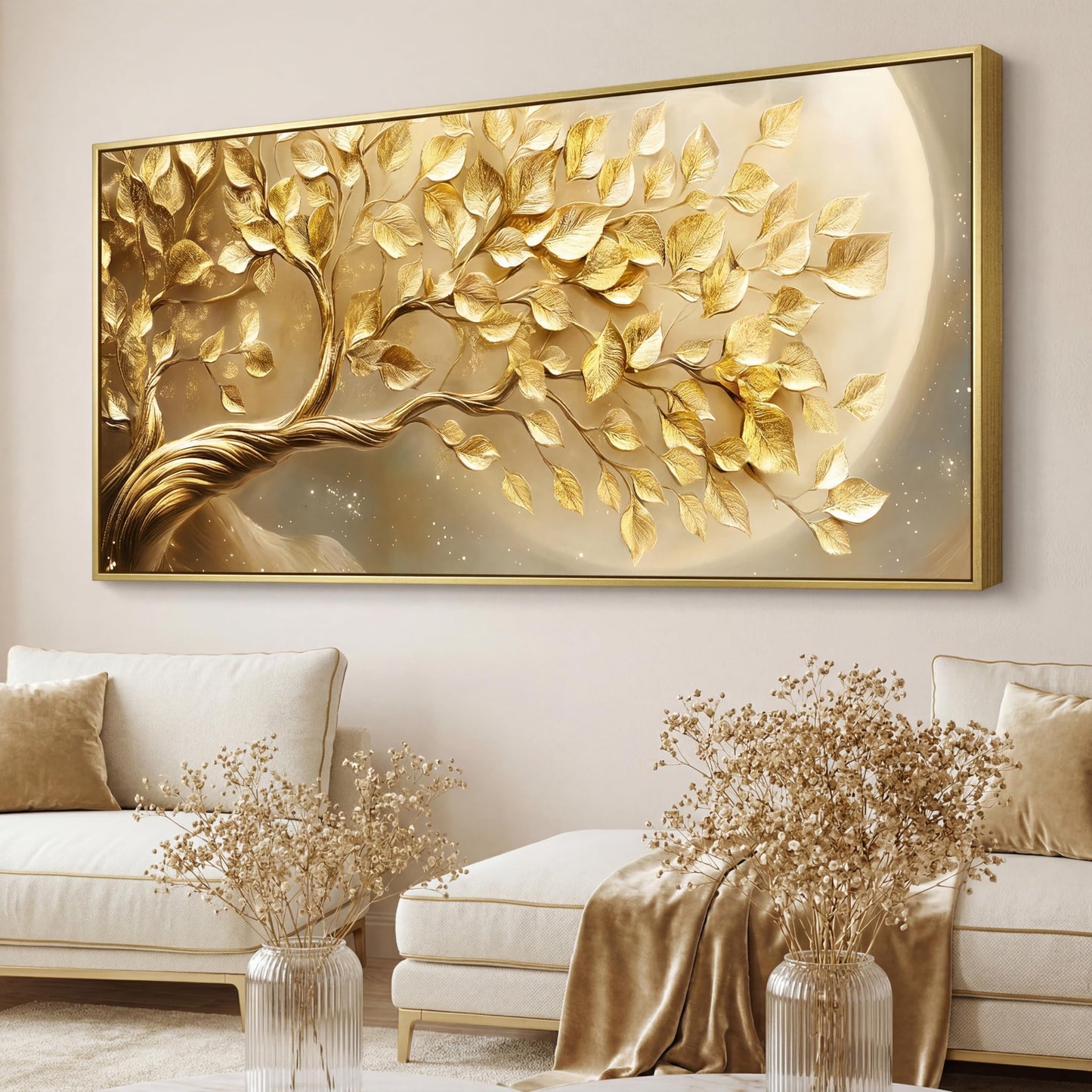 BirdSuite Gold Framed Golden Leaf Money Tree Wall Art, Luxury 3D Effect Canvas Print, Ready to Hang Wall Decor for Living Room Bedroom Office Dining Room Entryway, 58x29 Inch