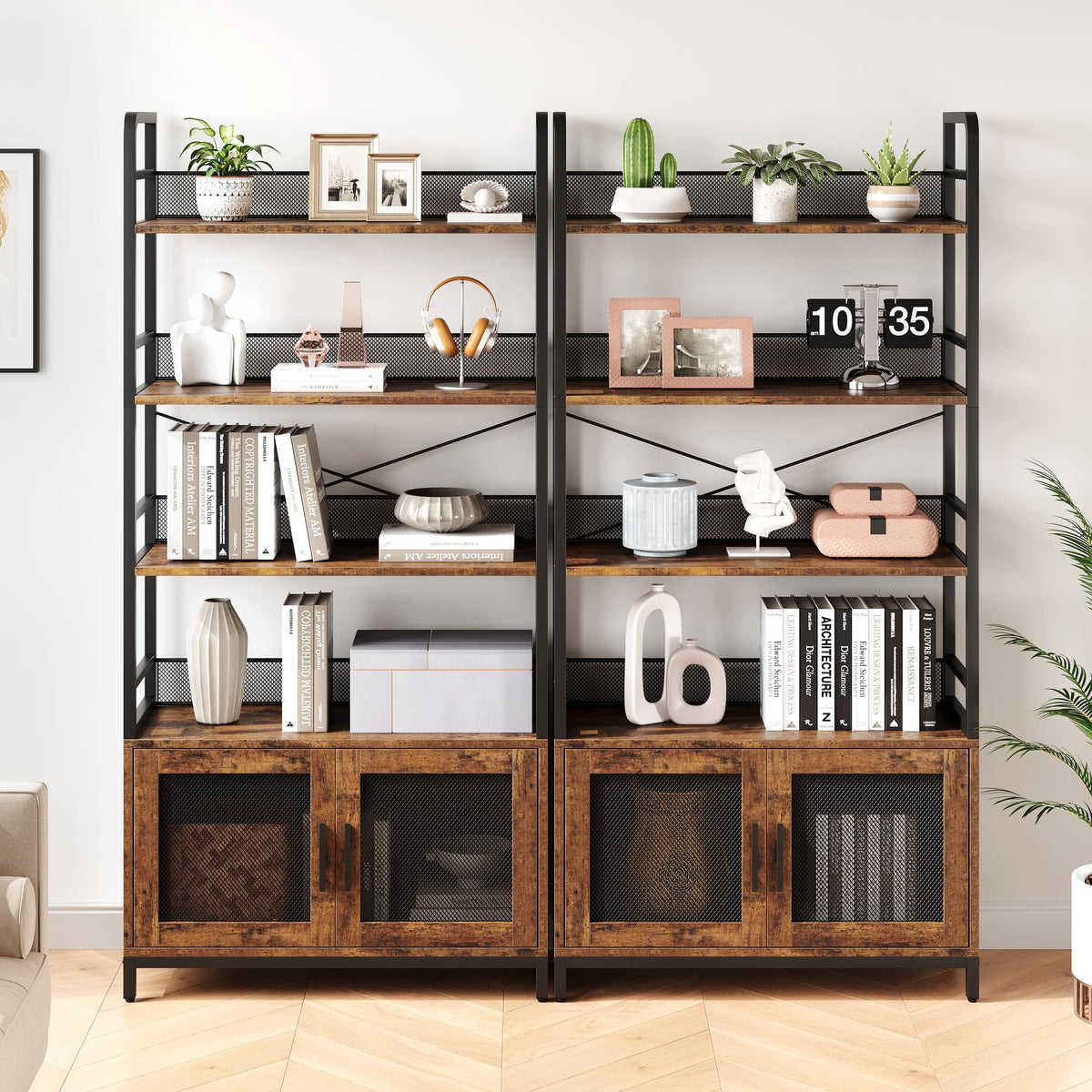 GarveeHome Bookshelf with Doors Industrial Bookcase with 4 Tiers Open Storage Shelf 70.87 in Tall Bookshelves Rustic Display Rack Cabinet for Bedroom, Living Room, Home Office, Brown