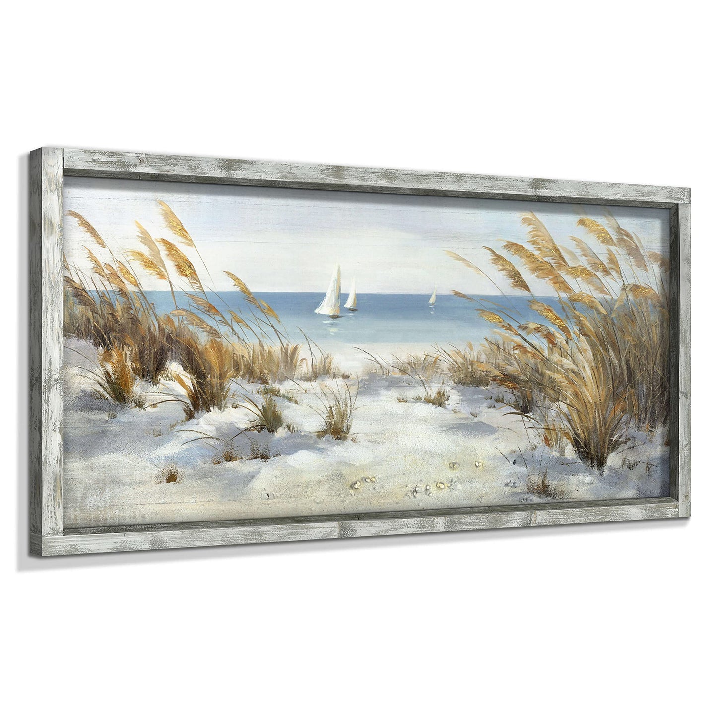 Beach Framed Wooden Wall Art: Coastal Oil Painting Style 40"x20" Ocean Pictures Seascape Art Prints Sand Dunes & Sailboat Artwork for Office