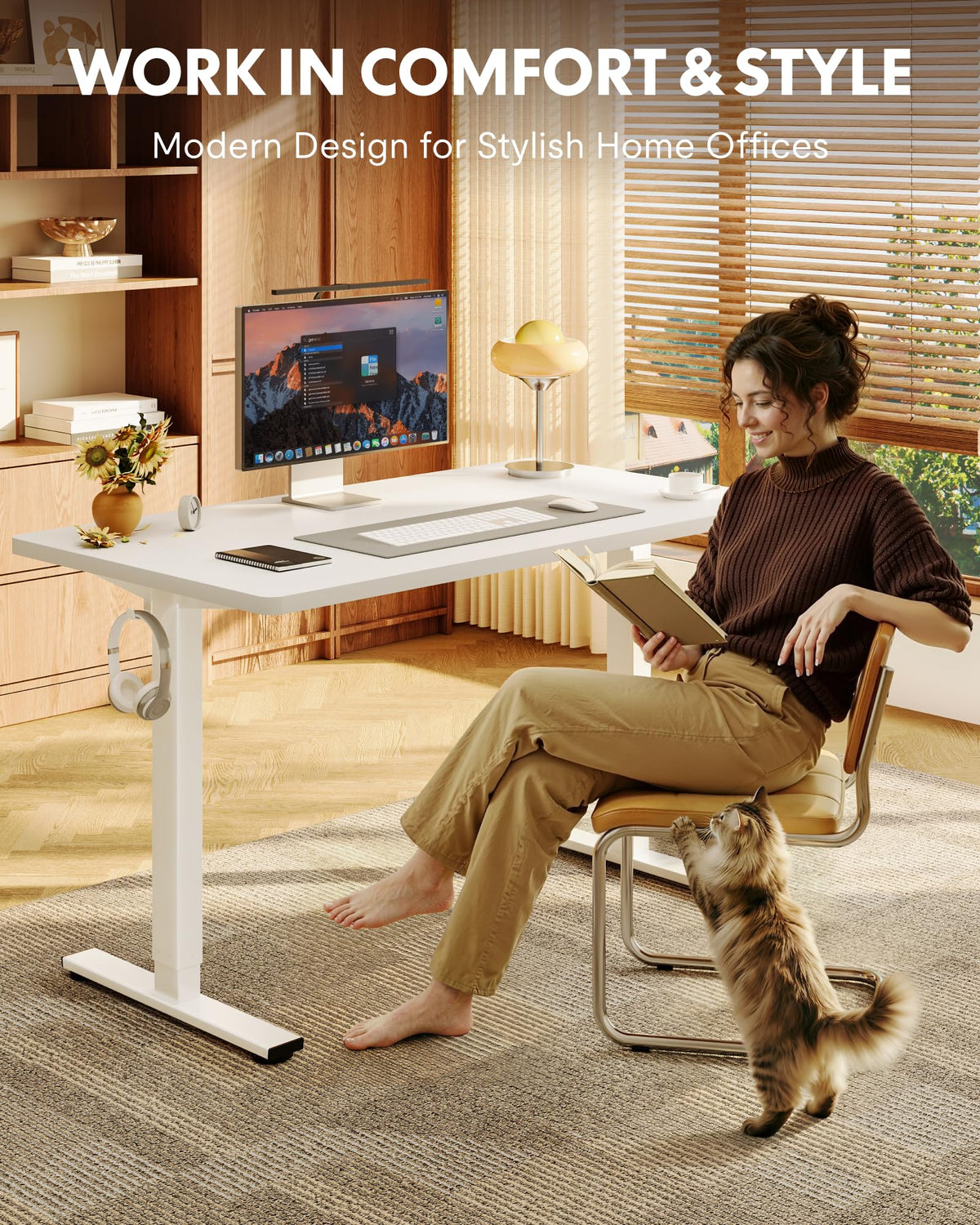 FLEXISPOT EN1 One-Piece Standing Desk, 48"x24" Seamless Desktop Electric Height Adjustable Desk for Home Office, Multi-Monitor Setups & Easy Assembly, White