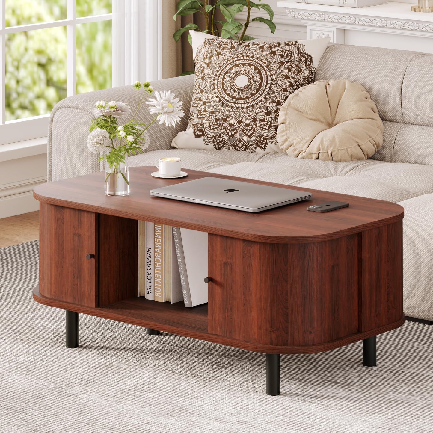 Coffee Table, 39.4" Mid Century Modern Coffee Tables for Living Room, Coffee Table with Storage Open Shelf, Fluted Table with Sliding Cabinet Door, Suitable for Living Room, Home Office, Walnut