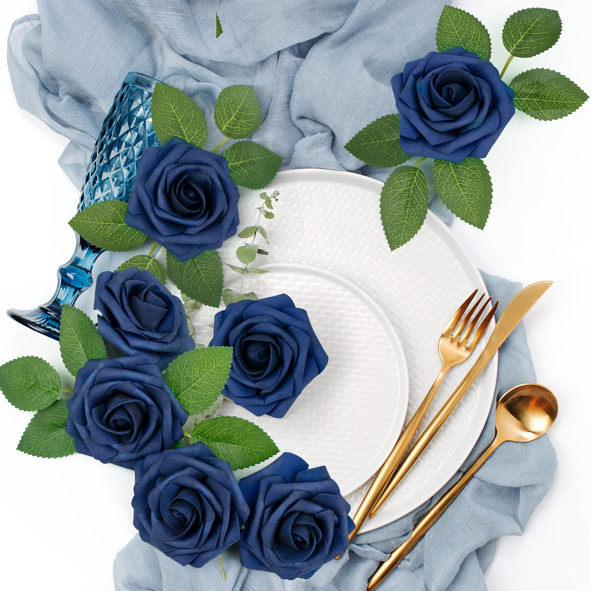 Mocoosy 50Pcs Roses Artificial Flowers, Navy Blue Fake Roses for Decorations, Real Touch Foam Rose Bulk with Stems DIY Wedding Bouquet Bridal Shower Mother's Day Floral Arrangement Party Home Decor