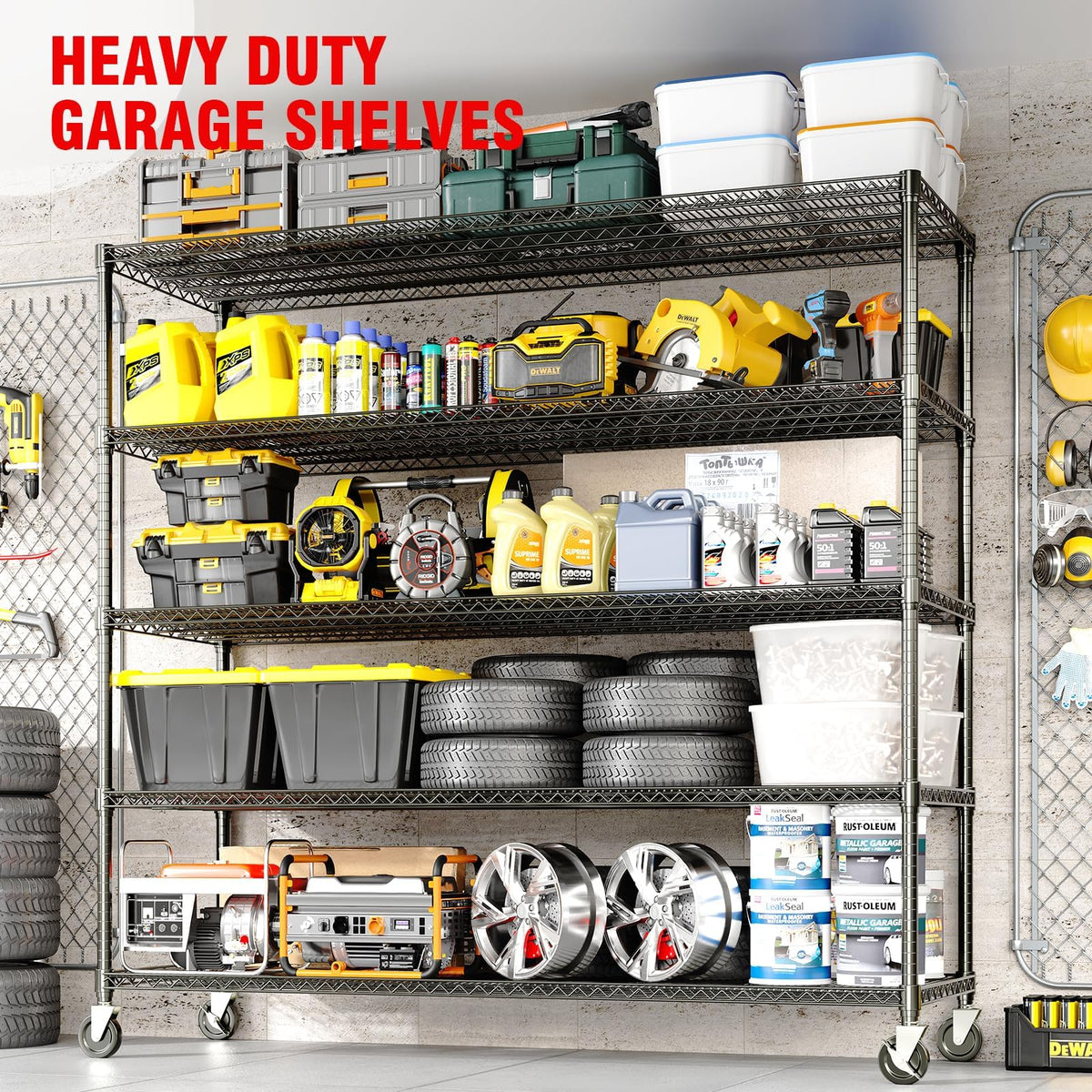 EliteEdge 5-Tier Tall Steel Garage Shelving with Wheels, Heavy Duty Storage Rack, 3300 Lbs Capacity, Adjustable Industrial Shelves for Garage, Workshop, or Warehouse, 23.6" D x 59" W x 82.6" H
