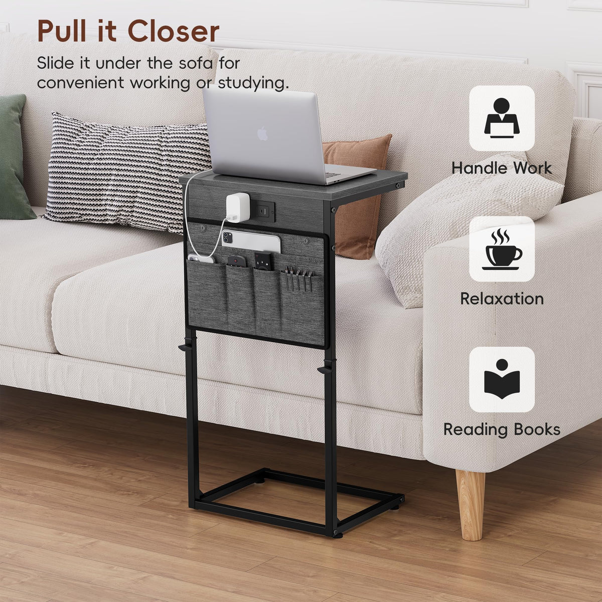 Vagusicc C Shaped End Table with Charging Station, 33" Tall Side Table for Couch, Sofa Table Adjustable Height Couch Side C Table, Slide Under Sofa Tray Table for Living Room Bedroom, Gray Walnut