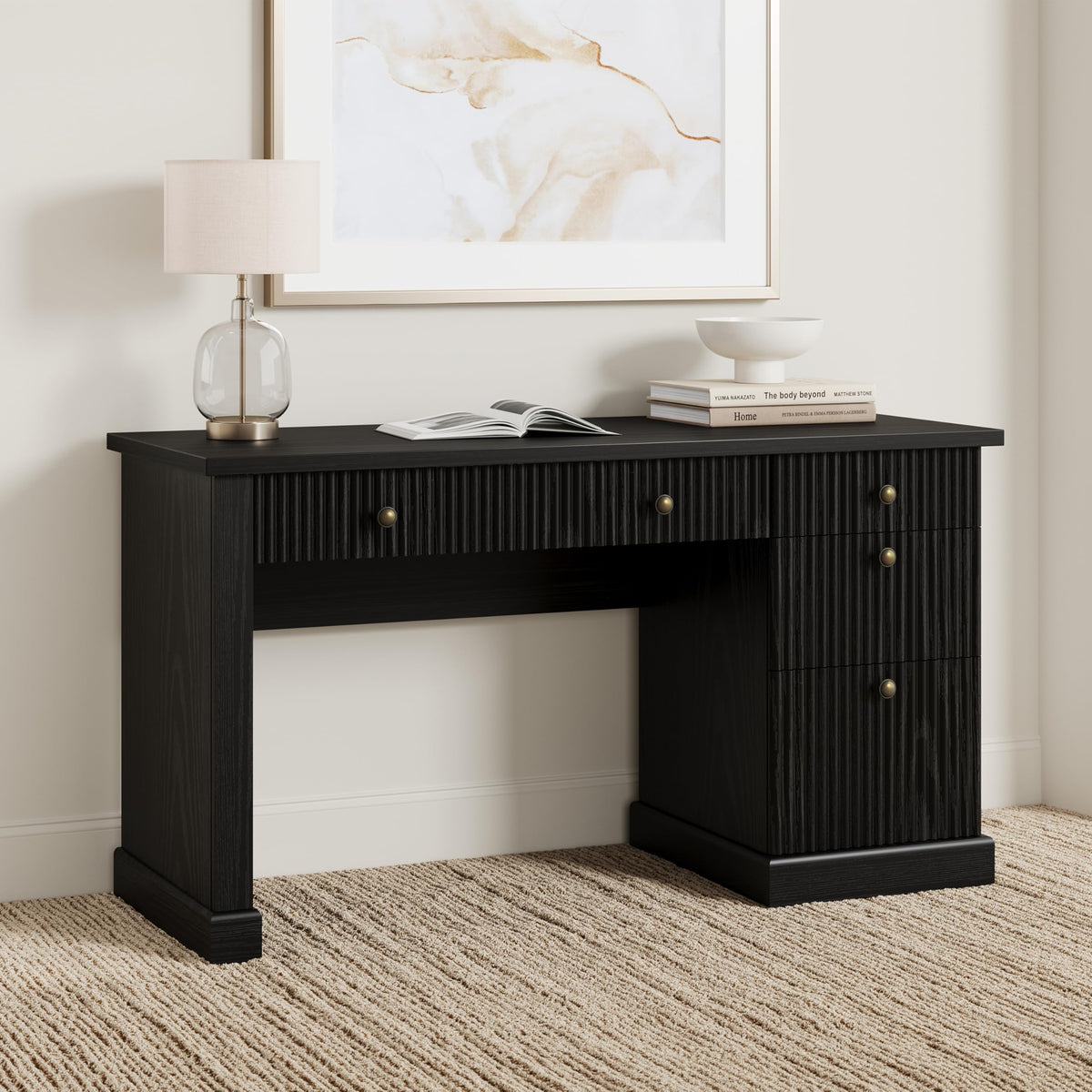 GAOMON 54'' Fluted Home Office Desk with Storage, Modern Executive Desk with Charging Station, Wooden Computer Desk with Drawers for Storage File, Writing Desk for Bedroom (Rustic Black)