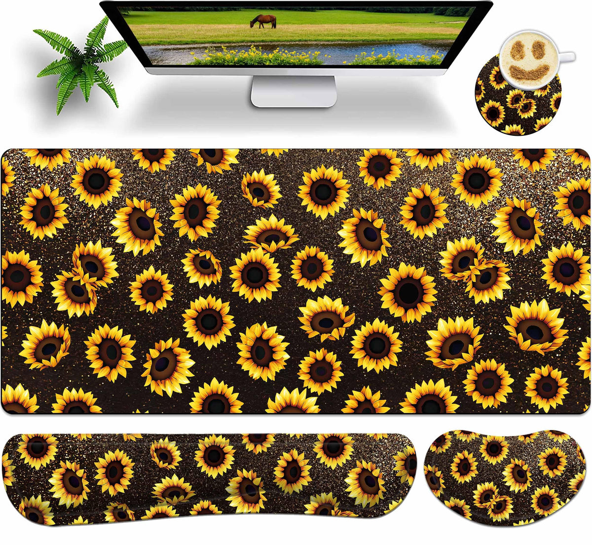 JYCUHTCL Premium Large Gaming Mouse Pad Set 35.4 x 15.7 with Keyboard Wrist Rest, Wrist Support, and Coaster Memory Foam Smooth Desk Pad Mousepad for Home Office School - Sunflower