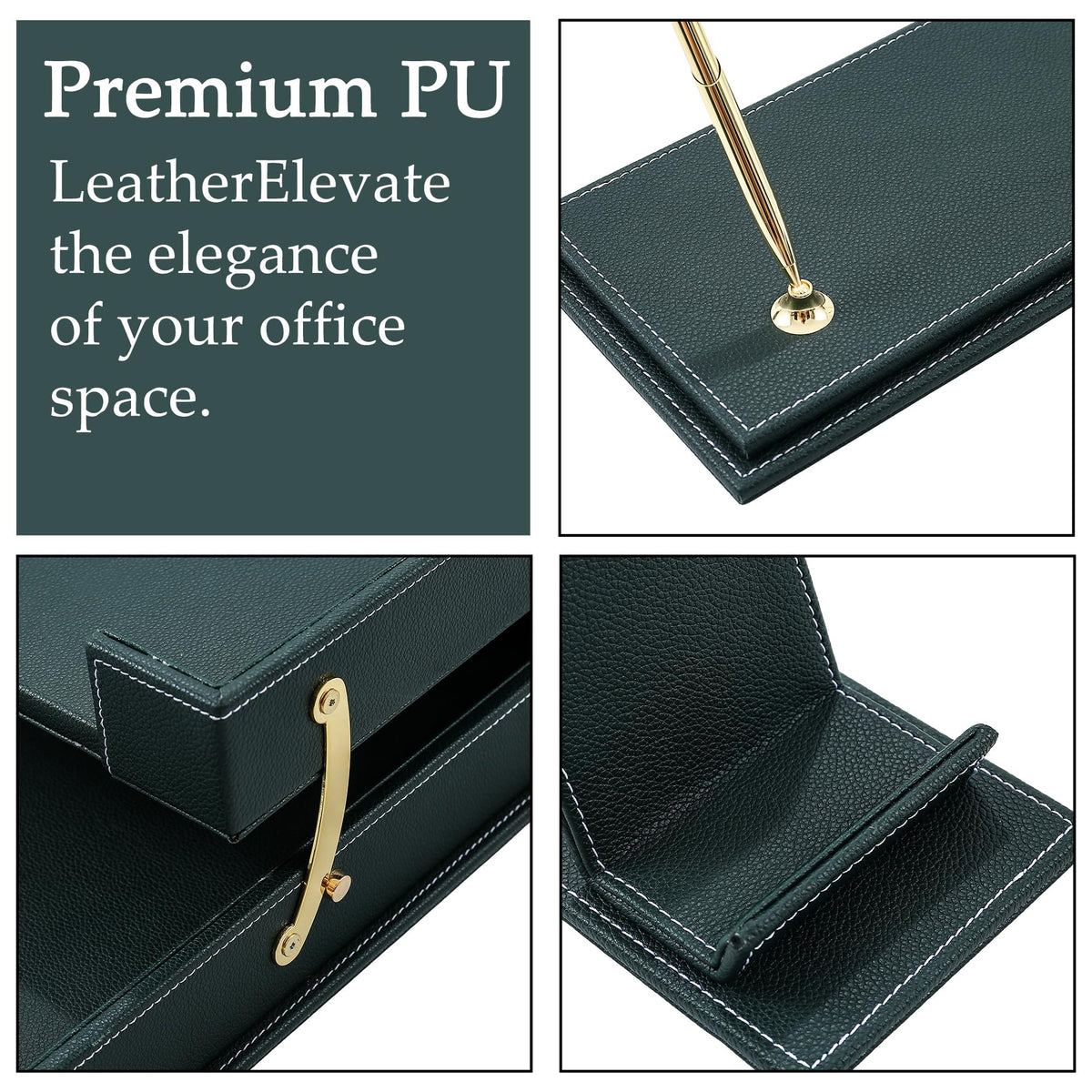 RitPin Leather Desk Set, 15-Piece Leather Desk Organizer, Executive Desk Organizer with Desk Pad & Blotter, 2-Tier Tray, Pen Holder, Office Accessories, Executive Desk Accessories(Green)
