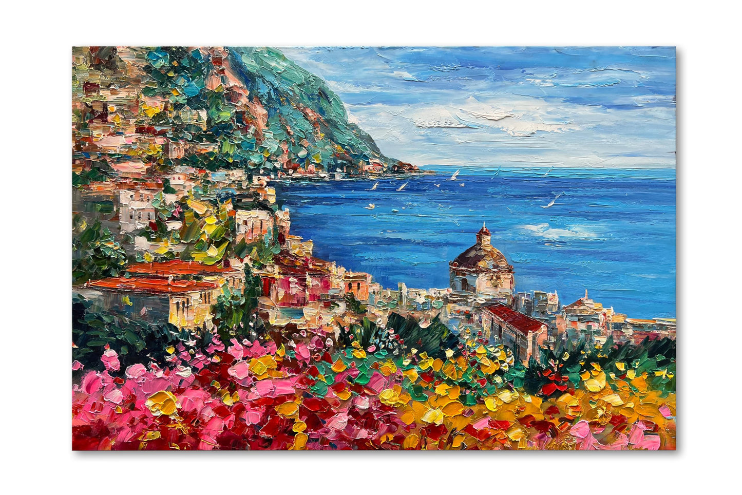Diathou Art Hand Painted Seaside Town Landscape Oil Painting Modern Abstract Art Home Wall Deco Art 30x45 inches
