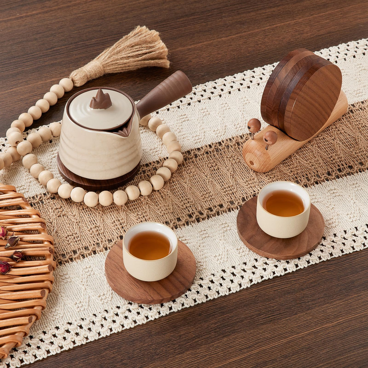 Wooden Coasters for Drinks-Natural Acacia Wood Drink Coaster with Magnetic for Coffee Table,Fun Cute Coasters with Holder for Modern Home Decor-Set of 5