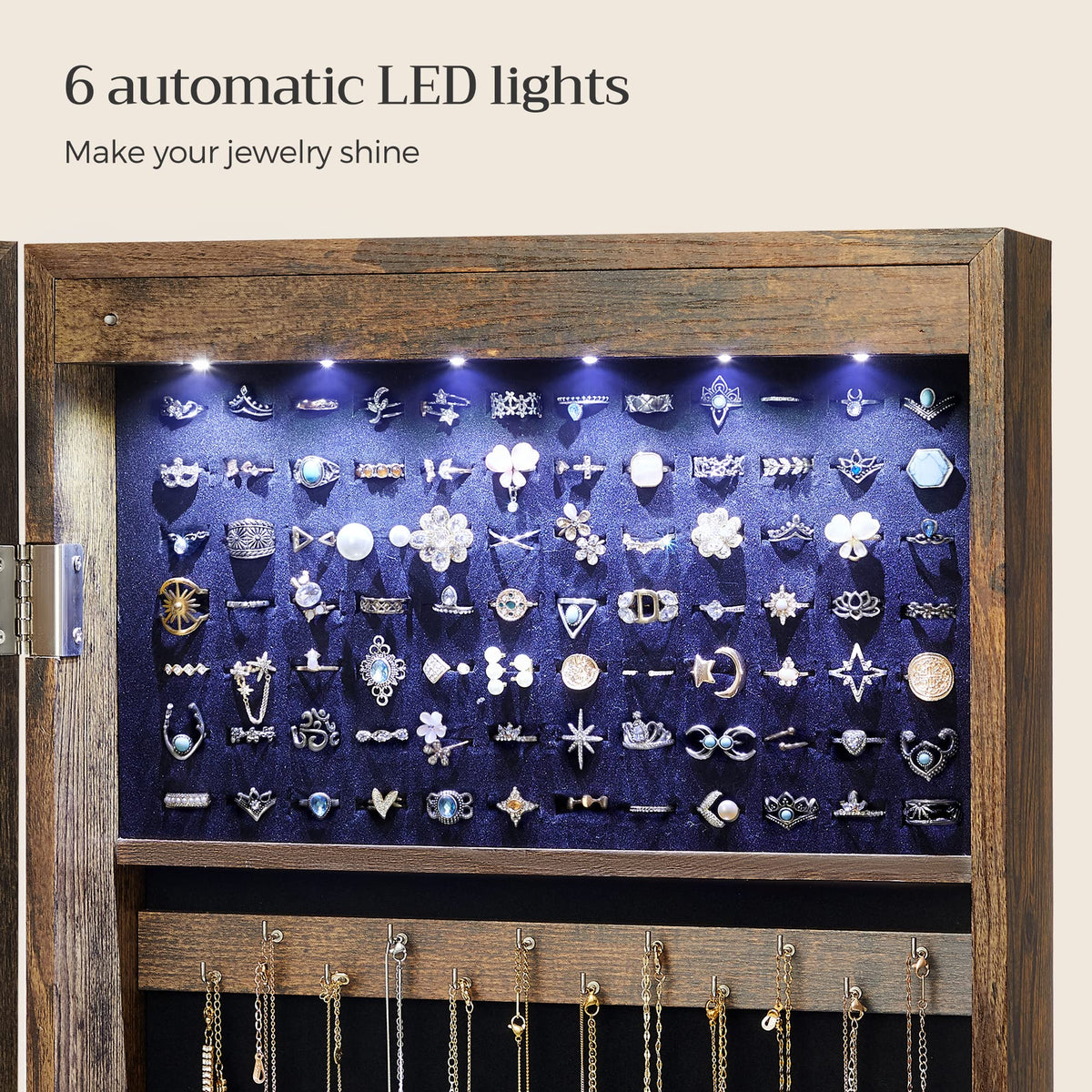 SONGMICS 6 LEDs Mirror Jewelry Cabinet, 47.2-Inch Tall Lockable Wall or Door Mounted Jewelry Armoire Organizer with Mirror, 2 Drawers, 3.9 x 14.6 x 47.2 Inches, Rustic Brown UJJC93CB