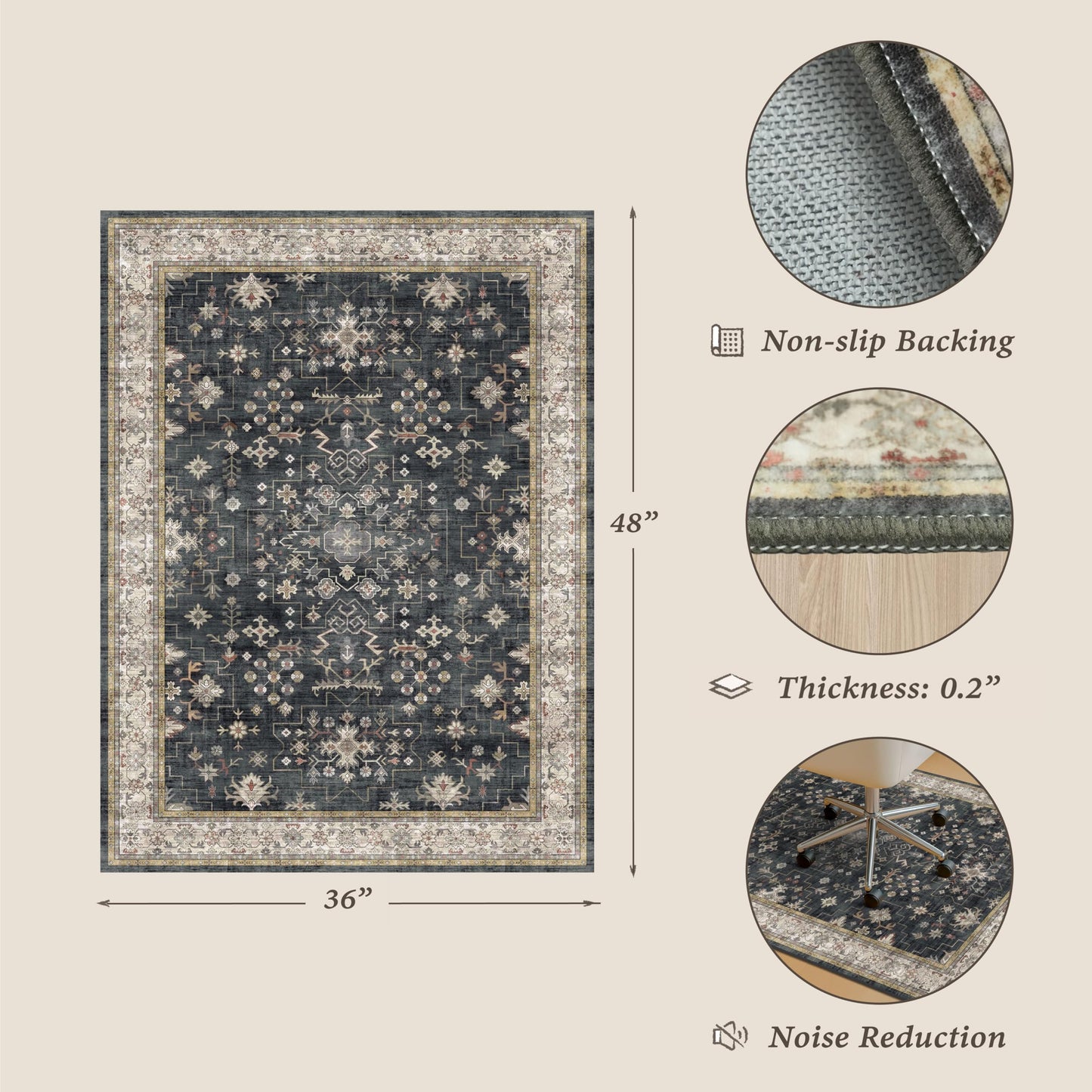 3x4 Black Boho Office Chair Mat for Hardwood Floors - Ultra-Soft Low Pile Desk Rug with Non-Slip Backing, Small 36x48 Computer Chair Area Rug for WFH Comfort and Floor Protection
