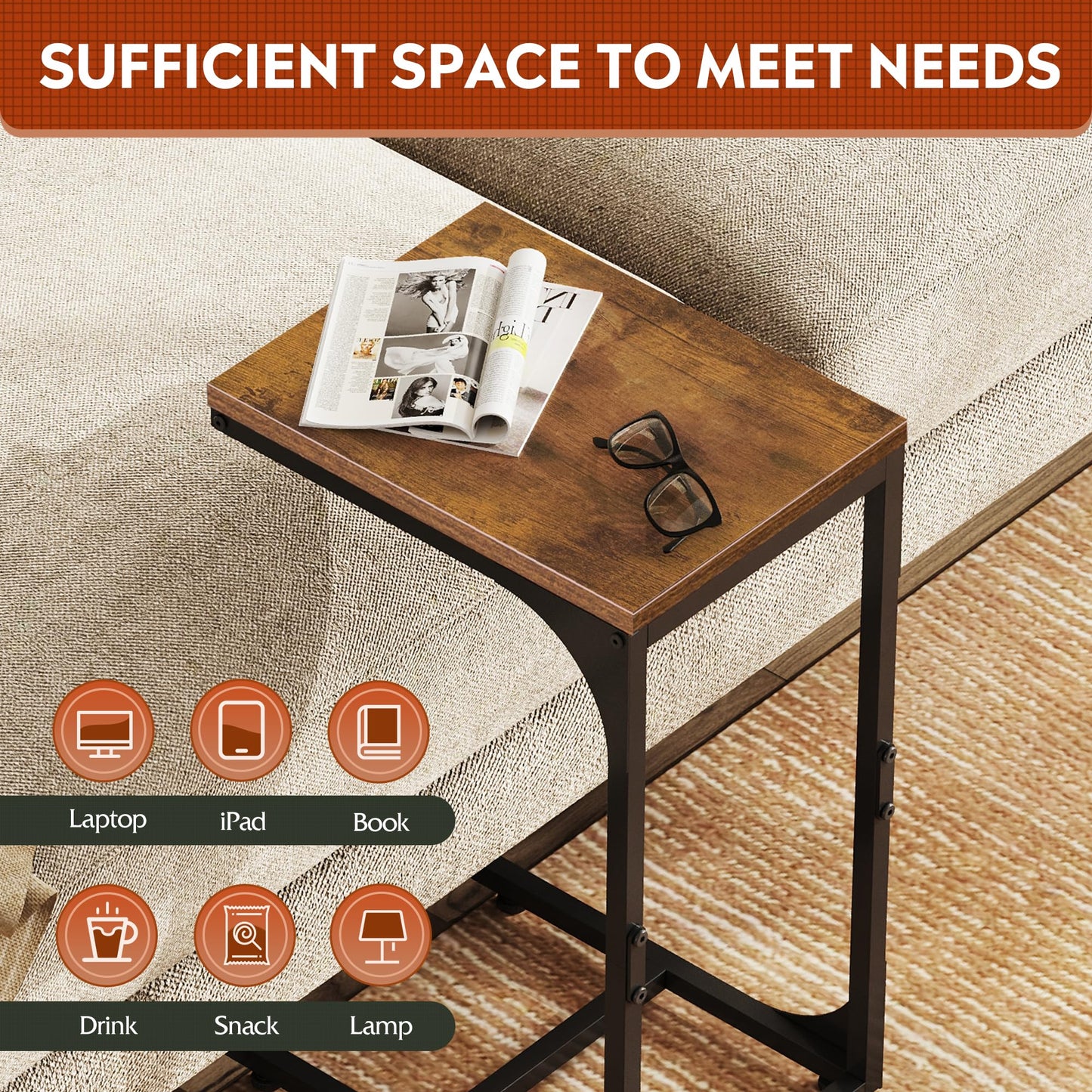 WLIVE C Shaped End Table, Small Couch Side Tables with Metal Frame that Slide Under, Sofa Table TV Tray for Living Room, Bedroom, Rustic Brown