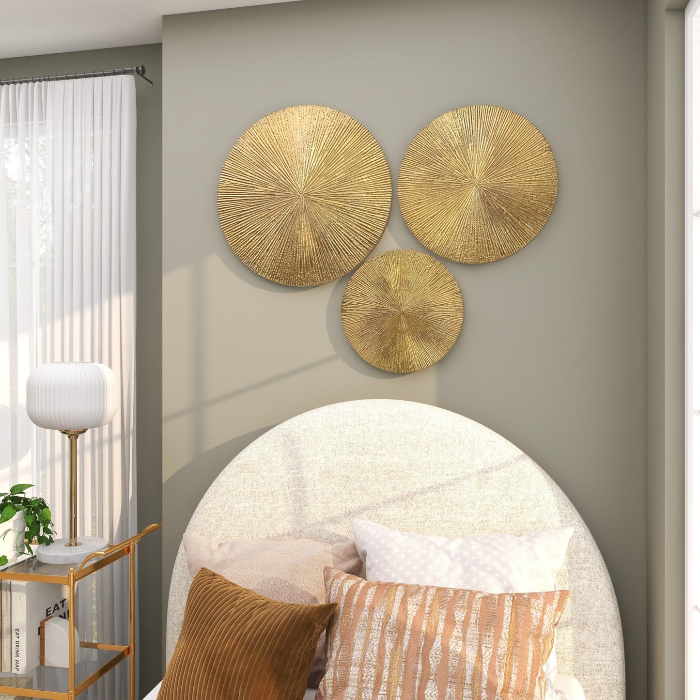 CosmoLiving by Cosmopolitan Wooden Plate Home Wall Decor Carved Radial Wall Sculpture, Set of 3 Wall Art 24", 20", 16"H, Gold