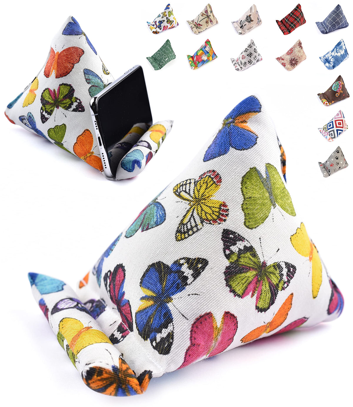 STEPHAN AND THEODORE Handmade Phone Pillow Holder - The Wedge Mobile Device Stand - Fabric Phone Stand for All iPhones, All Smartphones! 7 x 6.1 x 5.5 Inches (Butterflies)