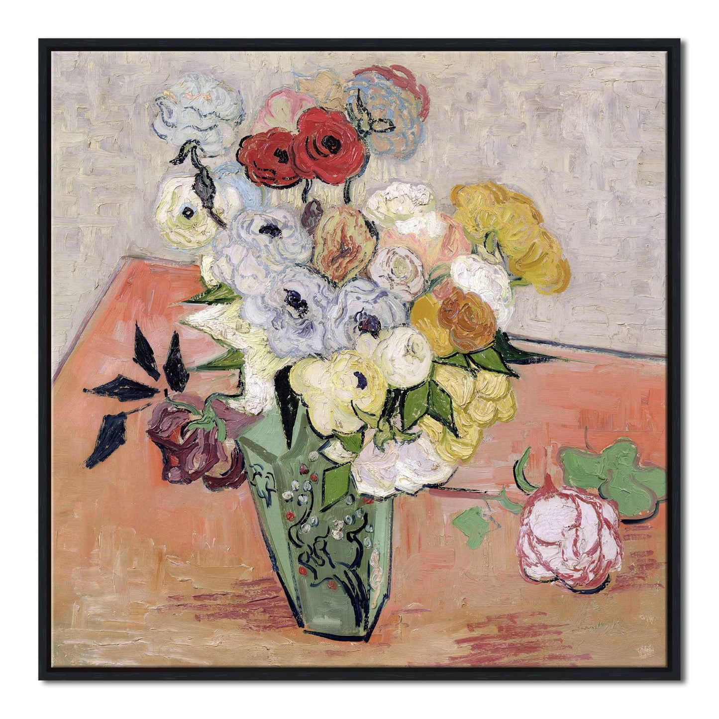 Wieco Art Framed Wall Art Japanese Vase with Roses and Anemones by Vincent Van Gogh Oil Paintings Reproduction Artwork Flowers on Canvas Wall Art for Home and office Decorations