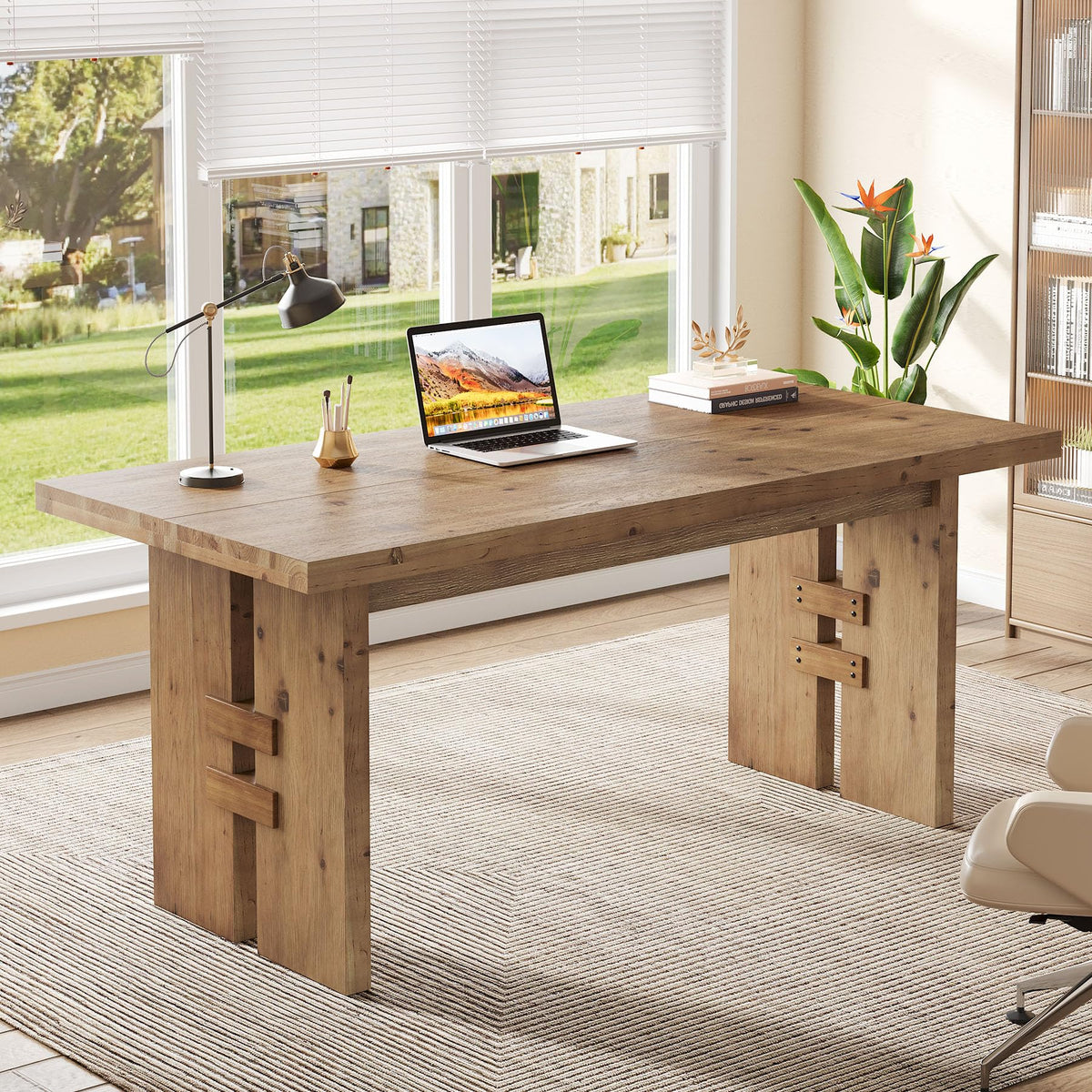 TRIBEWOOD 63-Inch Executive Desk, Solid Wood Office Computer Desk with Large Tabletop, Farmhouse Writing Conference Table Workstation for Home Office, Rustic Brown