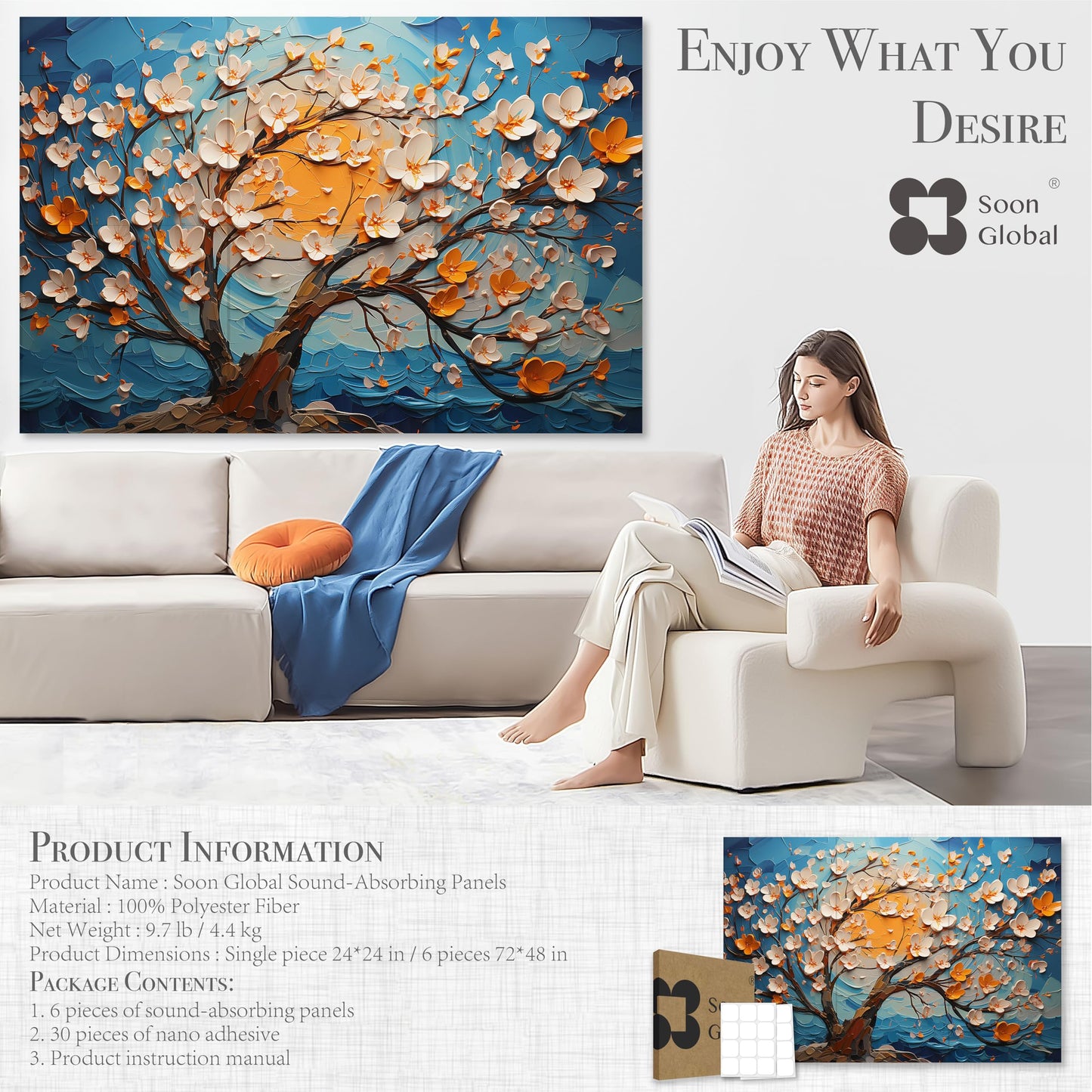 Soon Global Acoustical Wall Panels, 72 X 48 Inches Art Acoustic Panels, Decorative Acoustic Panels, Acoustic Wall Panels, Sound Absorbing Wall Art, Canvas