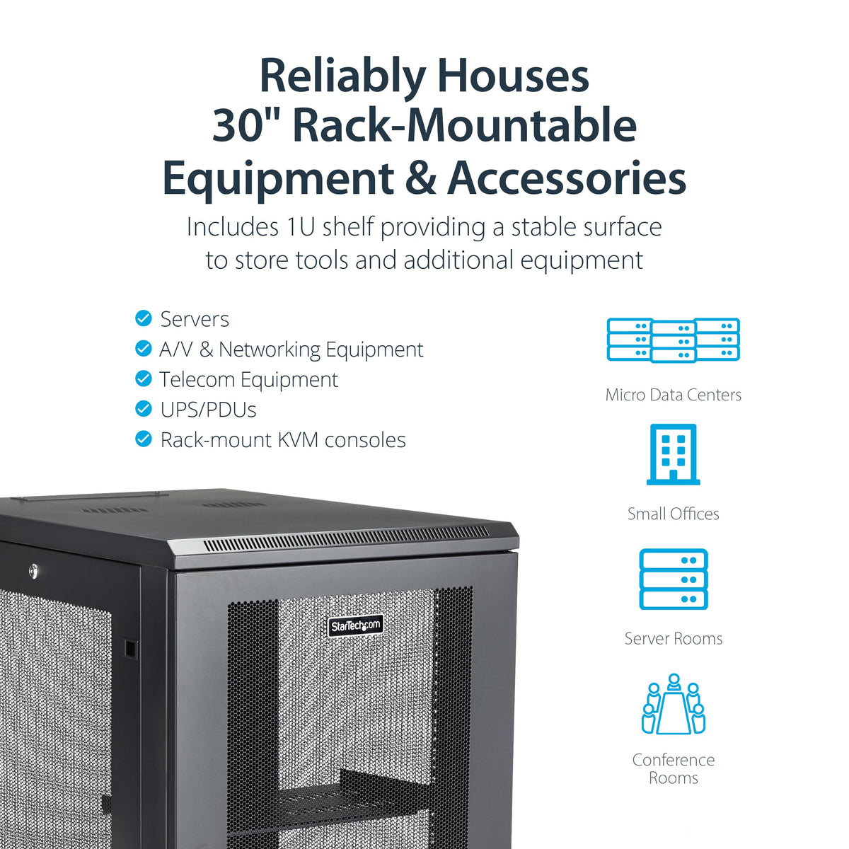 StarTech 18U Enterprise-Grade Server Rack Cabinet Kit, 19in Enclosed 4-Post Rack with Shelf and Cable Management, 29in (75cm) Mounting Depth, 992lb (450kg) Capacity