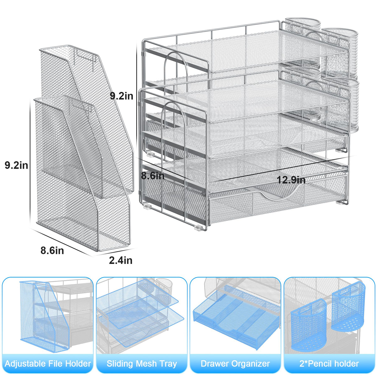 gianotter Desk Organizers and Accessories with File Holder, 4-Tier Desk Accessories & Workspace Organizers with Drawer and 2 Pen Holder, Paper Organizer for Office Supplies (Grey)