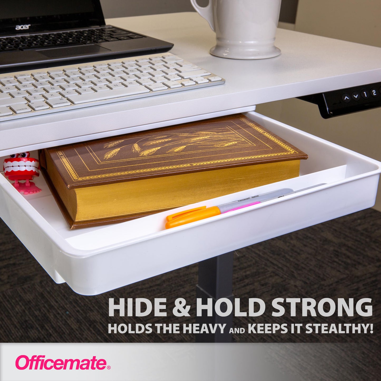 Officemate Large Self-Adhesive Under Desk Drawer, White, 12.5" x 10.75" x 1.875" (22556)
