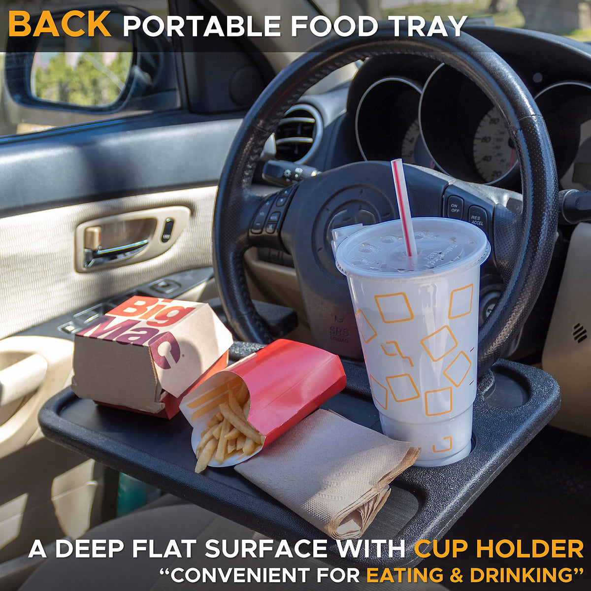 EcoNour 2 in 1 Car Steering Wheel Desk | Tray for Laptop Car Mount with Pen Holder | Desk Console for Car | Food Tray for Eating with Drinks Holder | Multipurpose Travel Car Accessories