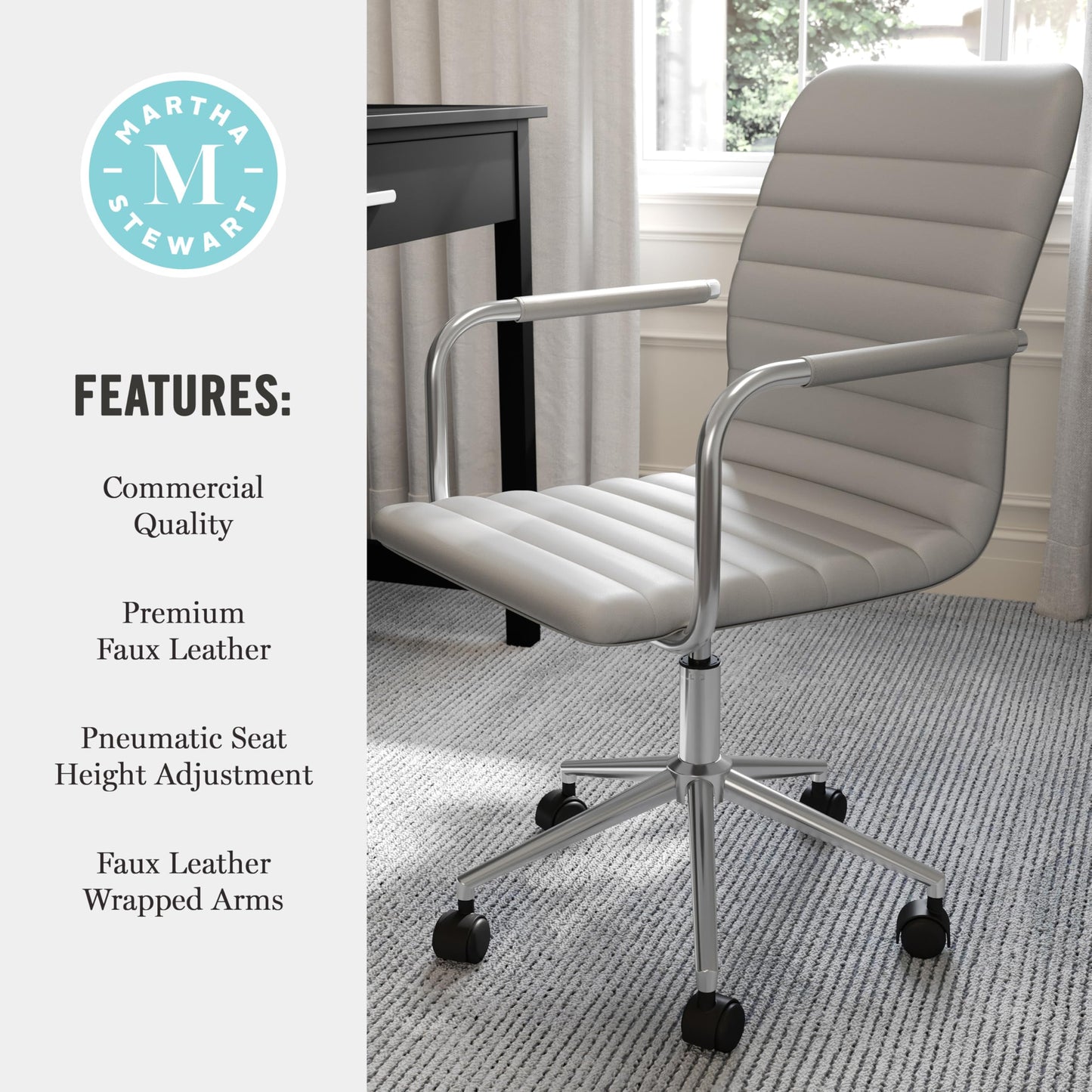 Martha Stewart Taytum Swivel Task Chair with Armrests for Home Office in Gray Faux Leather with Polished Nickel Frame